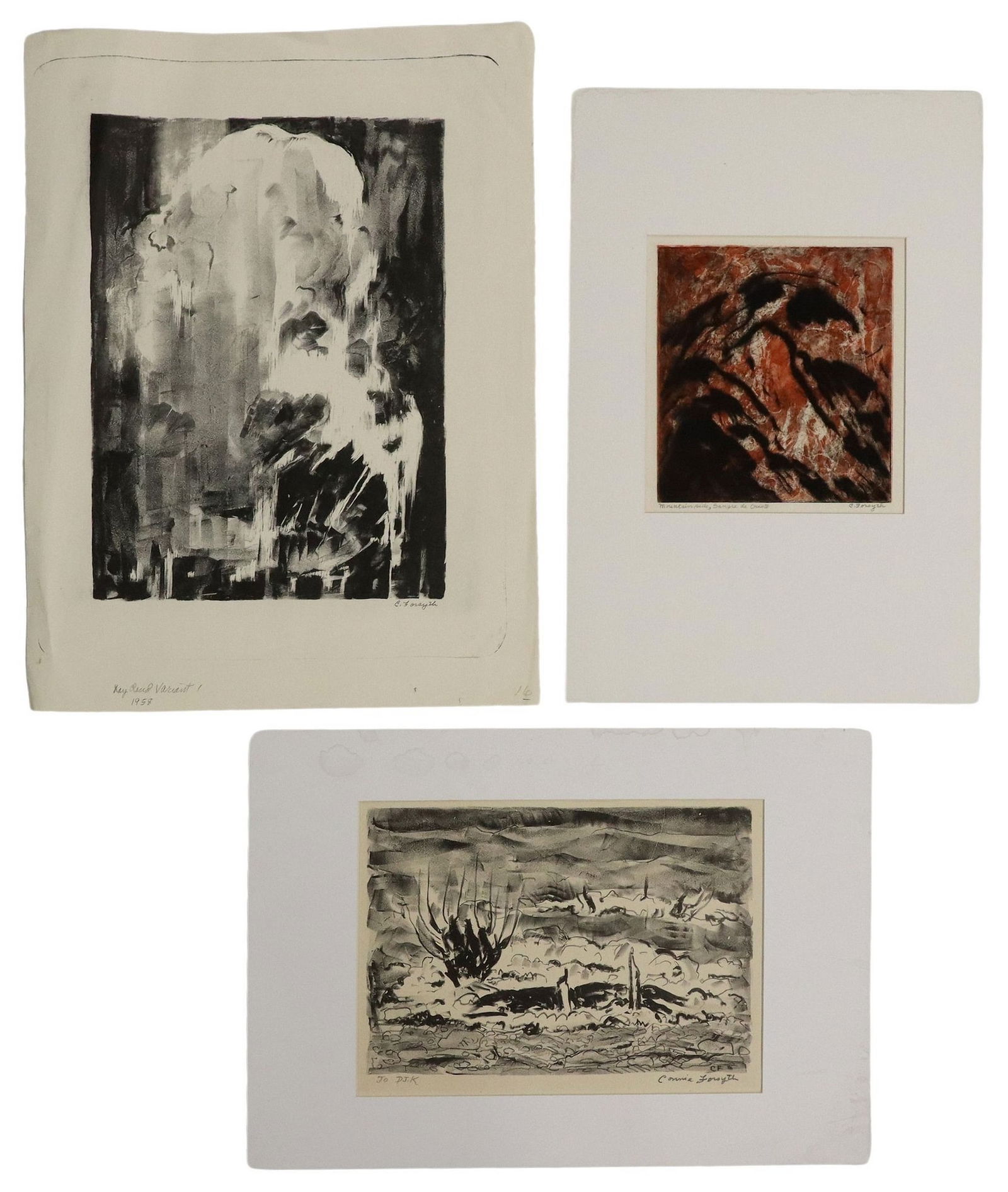 (3) CONSTANCE FORSYTH (TX, 1903-1987) INTAGLIO & LITHOGRAPH PRINTS: (lot of 3) Unframed prints on paper, each pencil signed C. Forsyth (Constance Forsyth, Texas, Indiana, 1903-1987), titled lower left, including: (1) intaglio print, "Mountain-side Sangre de