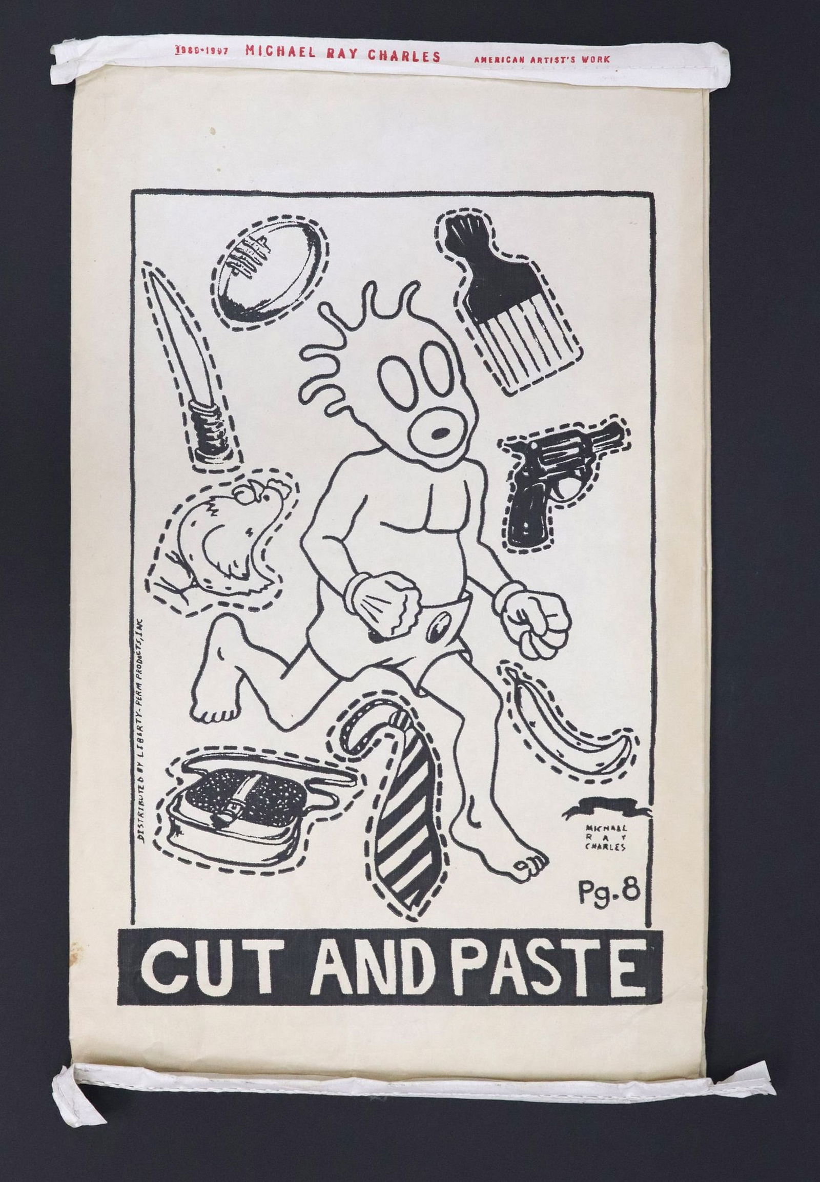 MICHAEL RAY CHARLES (B.1967) CUT & PASTE EXHIBITION CATALOG: Unframed silkscreen on hand-sewn sack paper, "Cut and Paste," signed in the print Michael Ray Charles (American, b.1967), sealed, containing an exhibition catalog for the artist's B