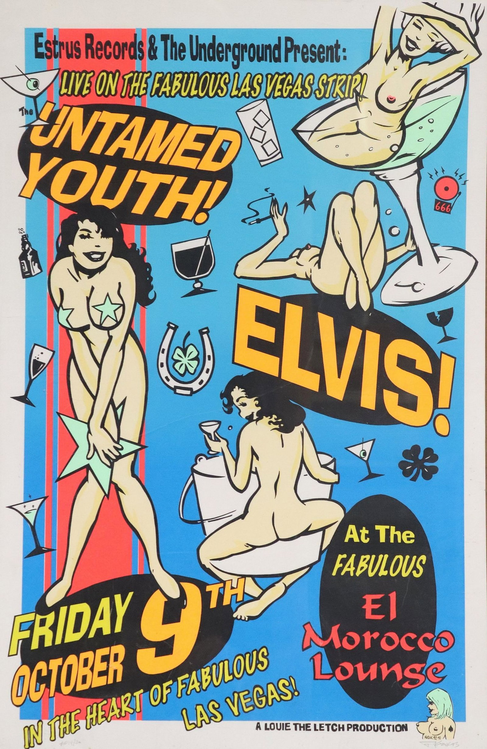 SCARCE KOZIK ARTIST PROOF CONCERT POSTER 'THE UNTAMED YOUTH': Unframed artist proof poster, "Untamed Youth, Elvis," Frank Kozik (Texas, California, Spain, 1962-2023), a poster advertising an October 9,1992 event by Estrus Records & The Underground 