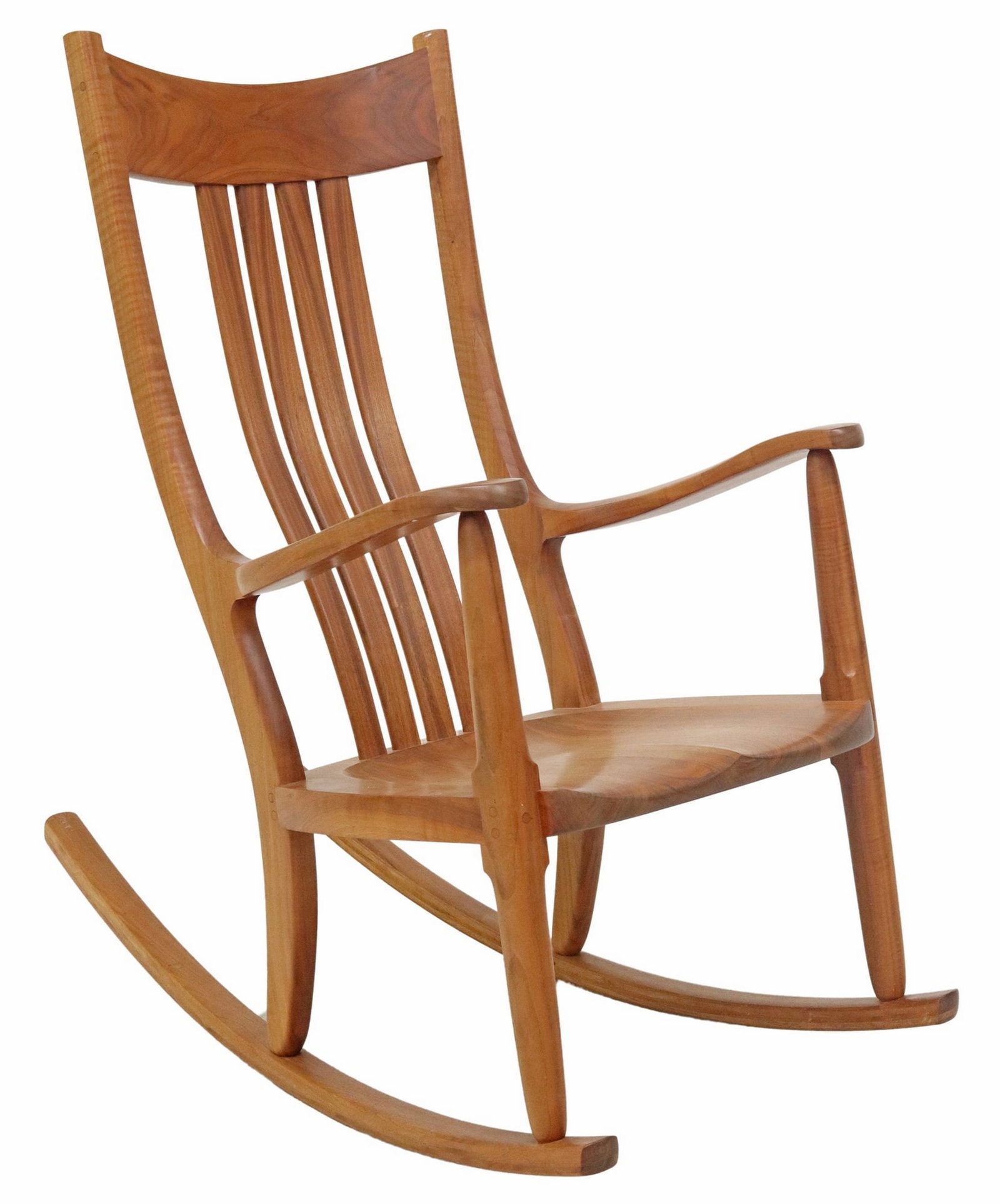 GARY WEEKS CRAFTSMAN CHERRYWOOD ROCKING CHAIR, #417, DATED 1998: Craftsman cherrywood rocking chair, "The Weeks Rocker," signed under seat Gary Weeks, Wimberley, Texas, numbered 417, dated 1998, having slatted back, wide armrests, shield-form seat, on rocker rails,