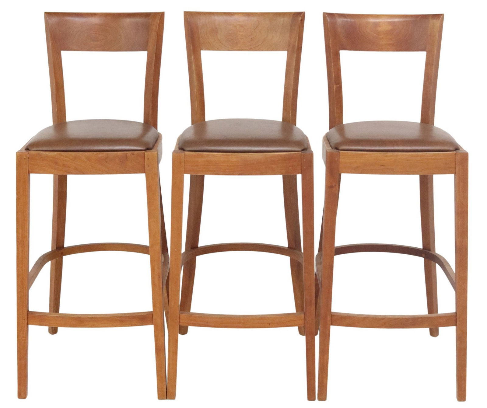 (3) THOMAS MOSER CHERRY 'HARPSWELL' BAR STOOLS: (lot of 3) American cherrywood "Harpswell" bar stools, Thos. Moser Cabinetmakers, Auburn, Maine, c.2003, solid crest, leather-upholstered seat, slender legs joined by steam-bent side an