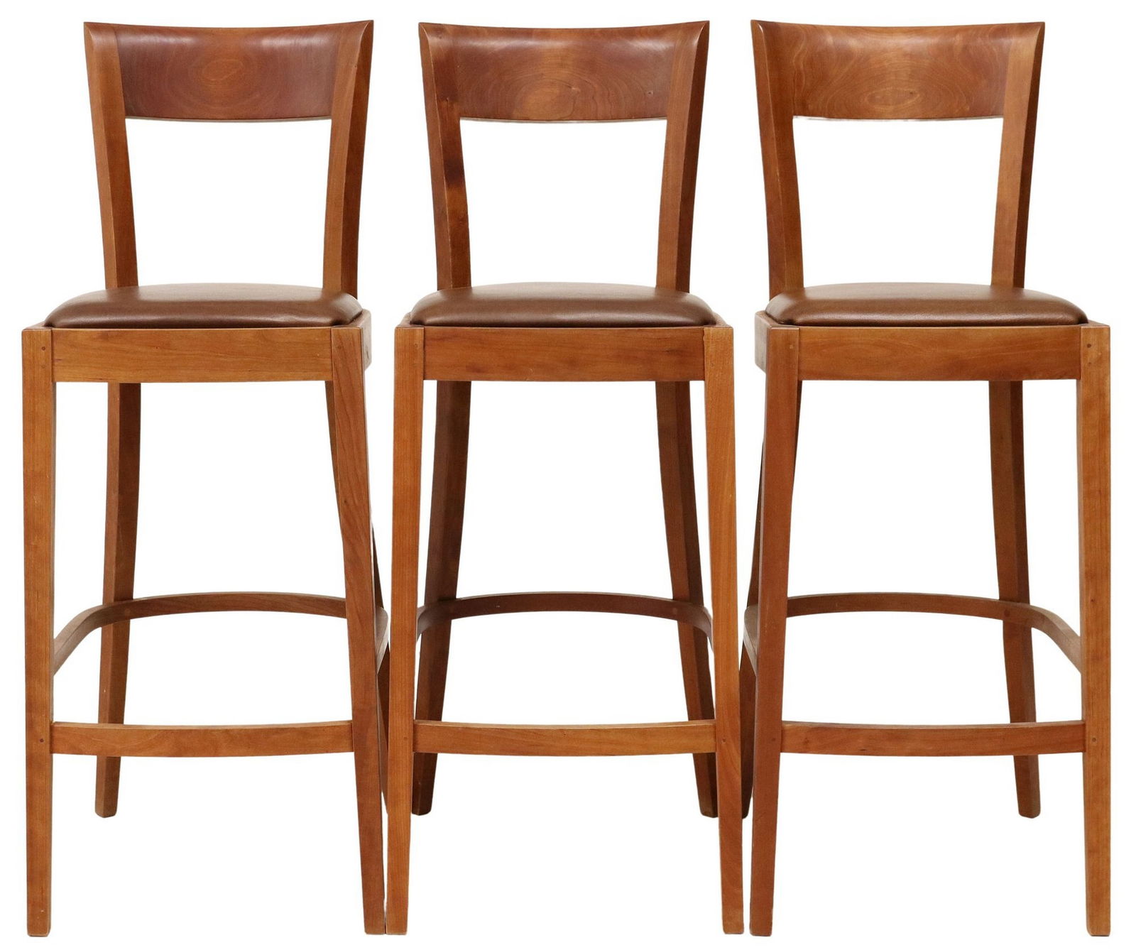 (3) THOMAS MOSER CHERRY 'HARPSWELL' BAR STOOLS: (lot of 3) American cherrywood "Harpswell" bar stools, signed Gary McMurry (?), Thos. Moser Cabinetmakers, Auburn, Maine, c.2003, solid crest, leather-upholstered seat, slender legs joined b