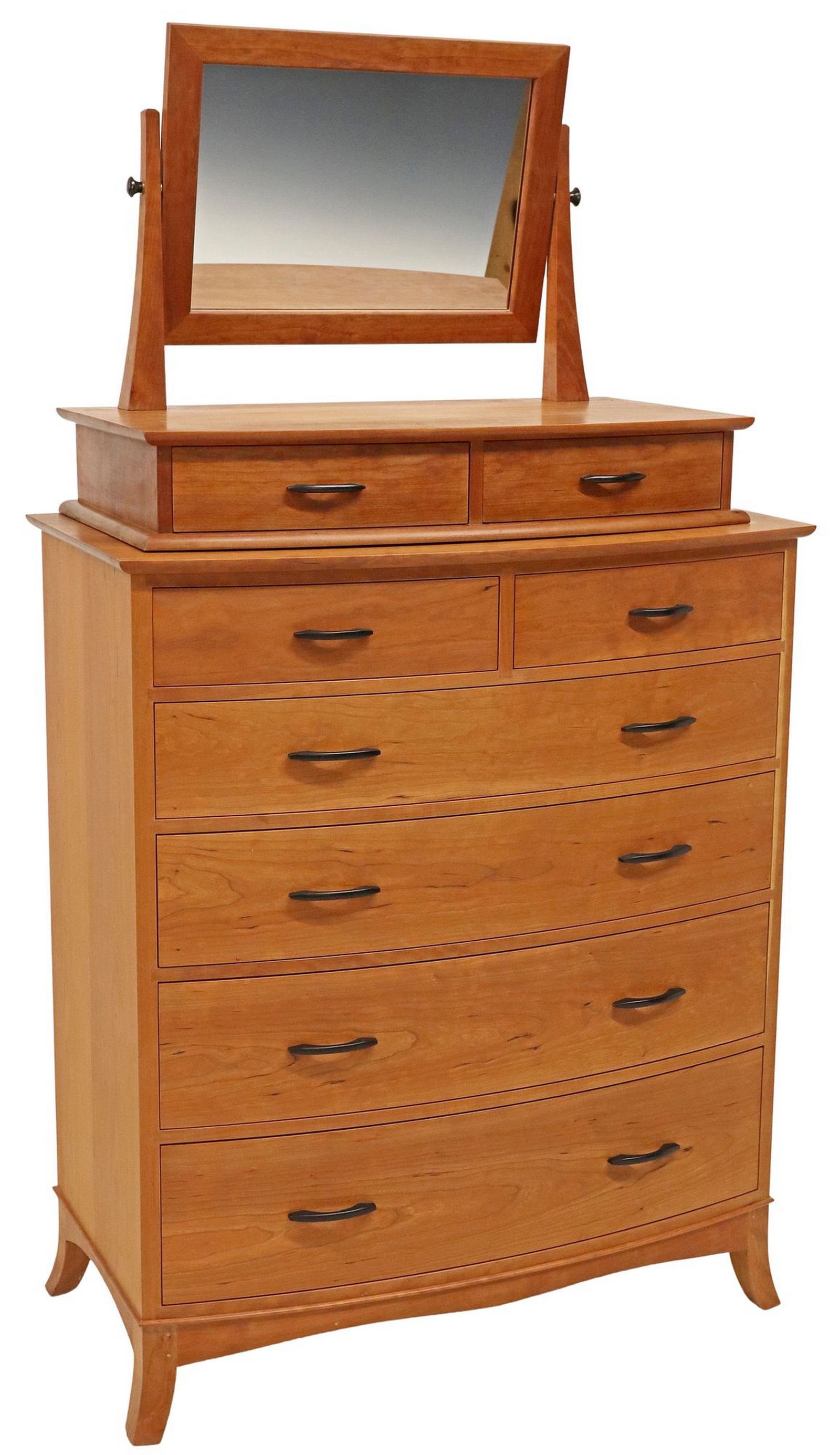 THOMAS MOSER CHERRY 'CRESCENT' MIRRORED VANITY DRESSER: American cherrywood "Crescent" chest of drawers/ vanity dresser, Thos. Moser Cabinetmakers, Auburn, Maine, 21st c., having vanity mirror and two drawers, over lower bureau case fitted w