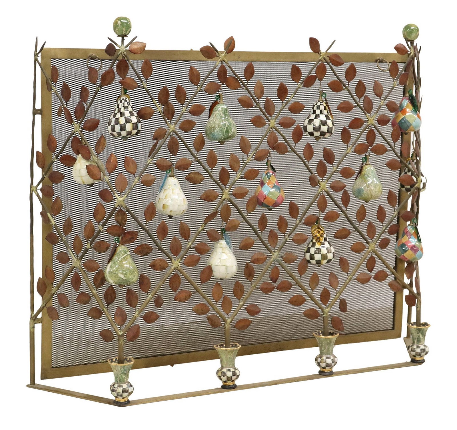MACKENZIE-CHILDS 'ESPALIER' FIREPLACE SCREEN: Mackenzie-Childs "Espalier" fireplace screen, 21st c., faux marble sphere finials, leafy branches arranged in a lattice pattern, suspending pear ornaments, issuing from four "Courtly Check" vases, wir