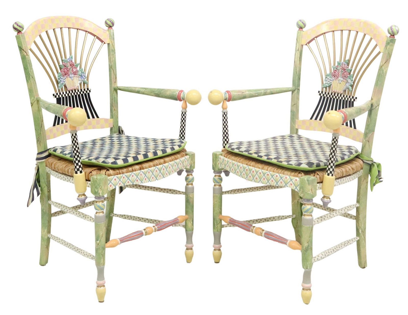(2) MACKENZIE-CHILDS 'LIGHT FLOWER BASKET' HAND-PAINTED ARMCHAIRS: (pair) Mackenzie-Childs "Light Flower Basket" armchairs, 21st c., each with hand-painted faux marble, checkerboard, and floral patterns, central majolica tile depicting bouquet of flowers, over woven