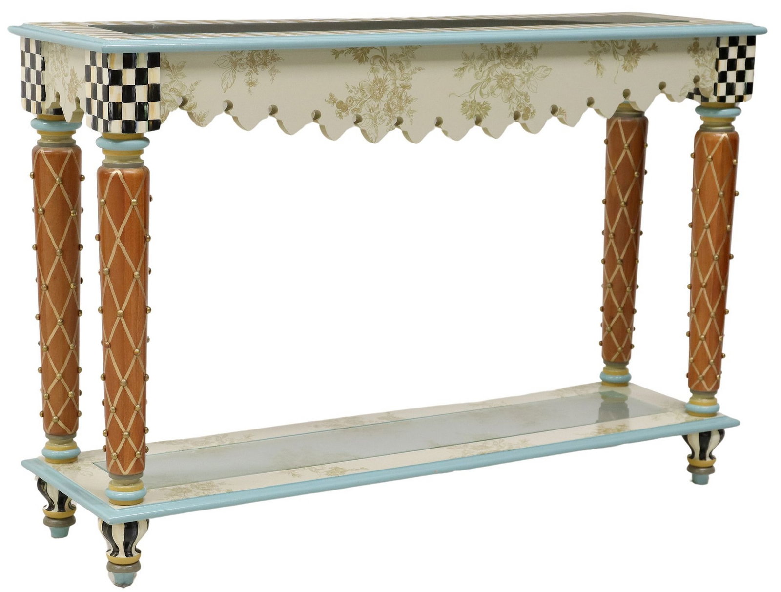 MACKENZIE-CHILDS PAINT-DECORATED 'PRESSED FLOWERS' CONSOLE TABLE: Mackenzie-Childs "Pressed Flowers" console table, 21st c., inset glass top framed by hand-painted beige and white stripes, over shaped apron with "Courtly Check" corner blocks, tapering legs with latt