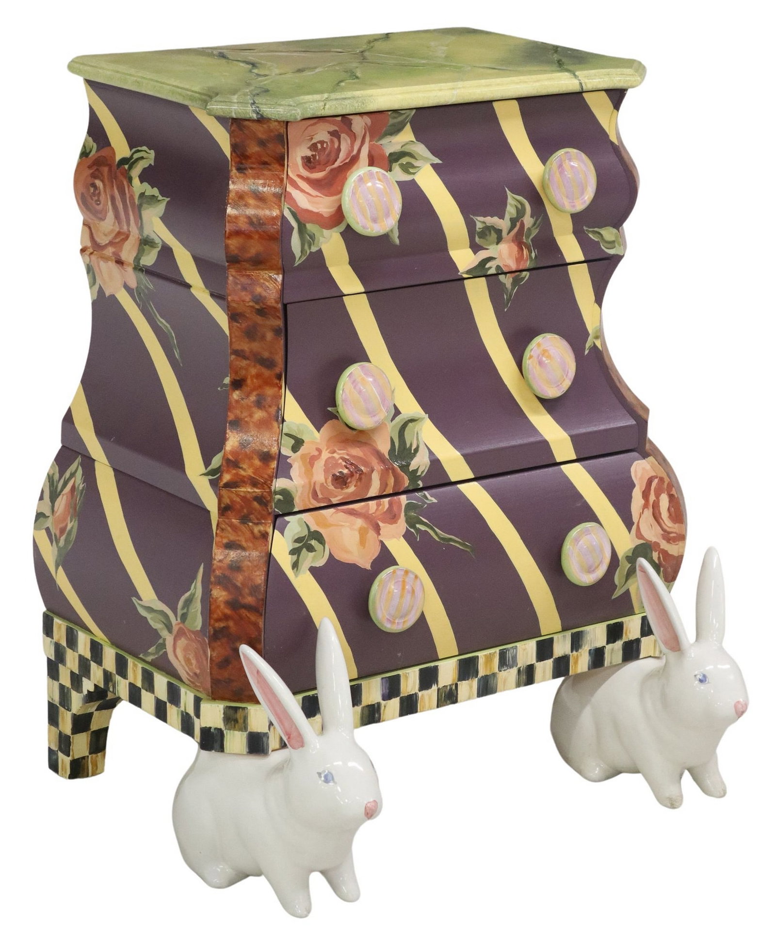 MACKENZIE-CHILDS HAND-PAINTED CERAMIC RABBITS BOMBE CHEST: Mackenzie-Childs bombe nightstand/ chest of drawers, 21st c., having shaped top over three drawers, with hand-painted diagonal stripes, floral motifs, faux marble, and checkerboard designs, circular c