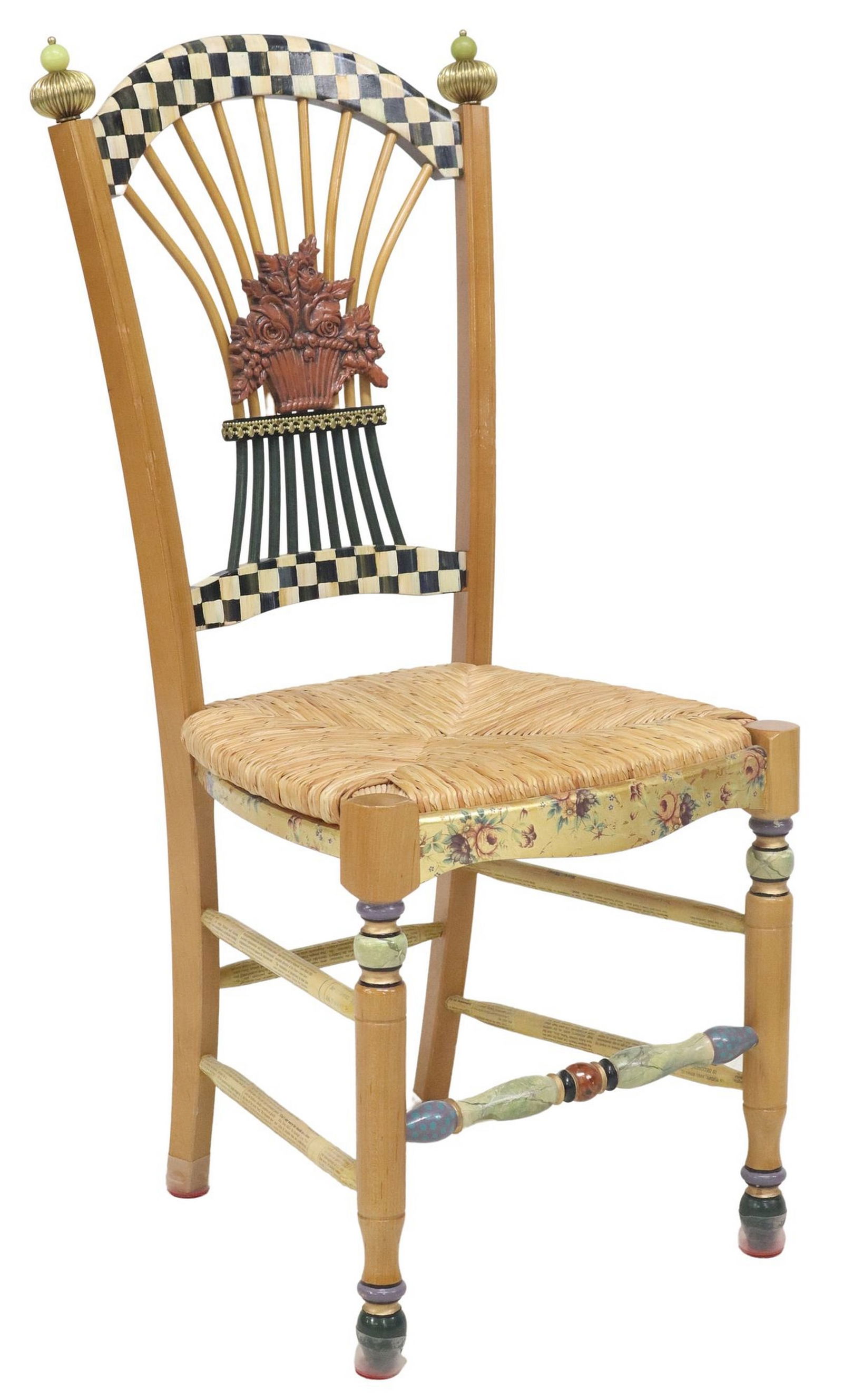 MACKENZIE-CHILDS 'FLOWER BASKET' HAND-PAINTED SIDE CHAIR: Mackenzie-Childs "Flower Basket" side chair, 21st c., with hand-painted checkerboard and faux marble patterns, floral transfer motifs and applied newsprint to stretcher, central tile de