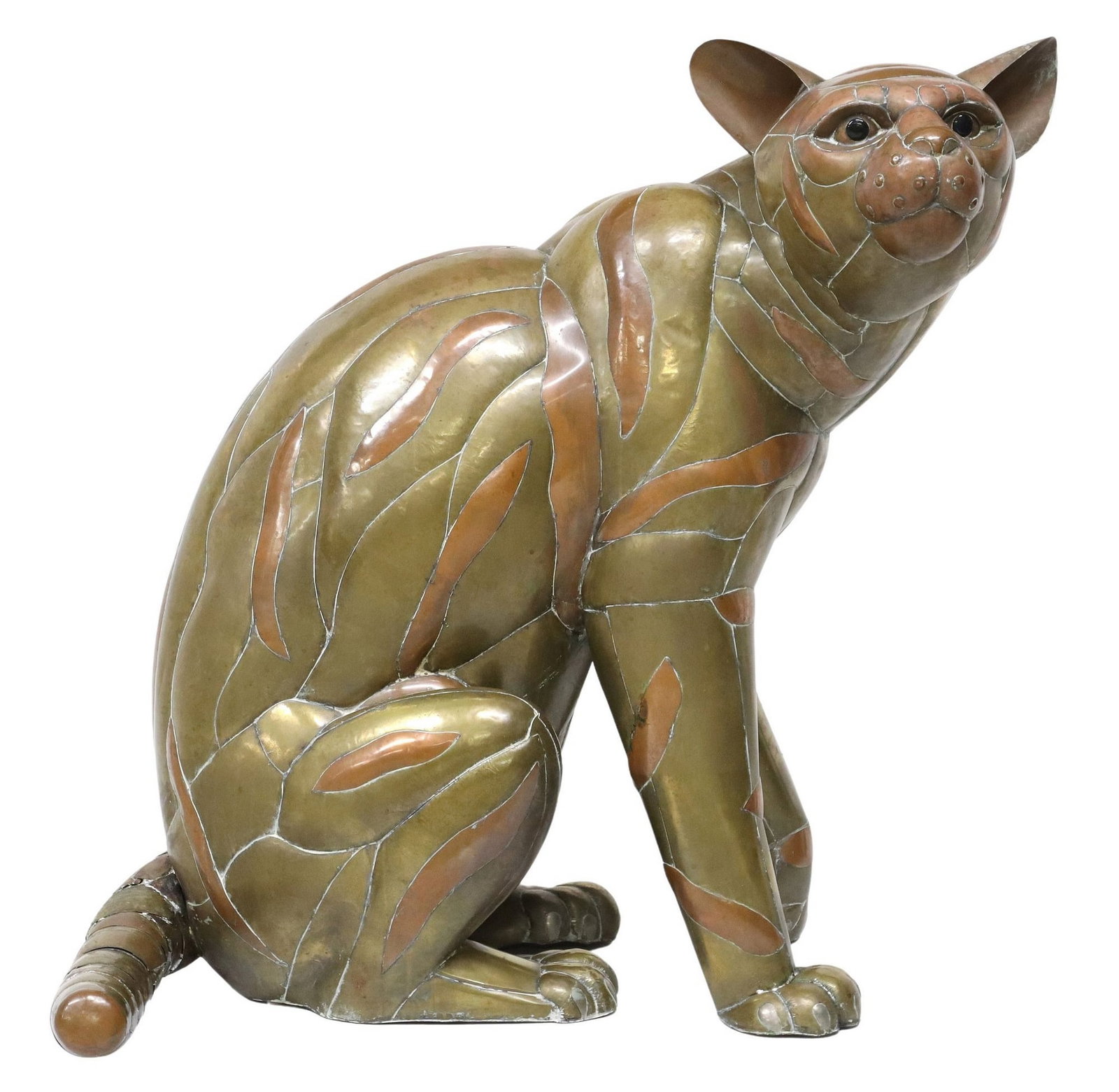 LARGE SERGIO BUSTAMANTE (ATTRIB) MIXED METAL OCELOT SCULPTURE: Large brass and copper figural sculpture, Ocelot, attributed to Sergio Bustamante (Mexican, b.1949), Tonala, Mexico, with inset glass eyes, apparently unsigned, approx 32.5"h, 34"w, 19"