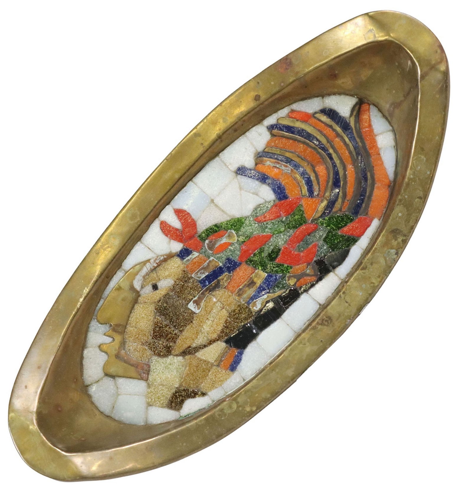 SALVADOR TERAN (1920-1974) HAND-WROUGHT BRASS & MOSAIC GLASS TRAY: Vintage hand-wrought brass and glass mosaic tray, Salvador Teran (Mexico, 1920-1974), having polychrome inlay, depicting figure in ornate headpiece, signed Salvador, numbered 425, underfoot,