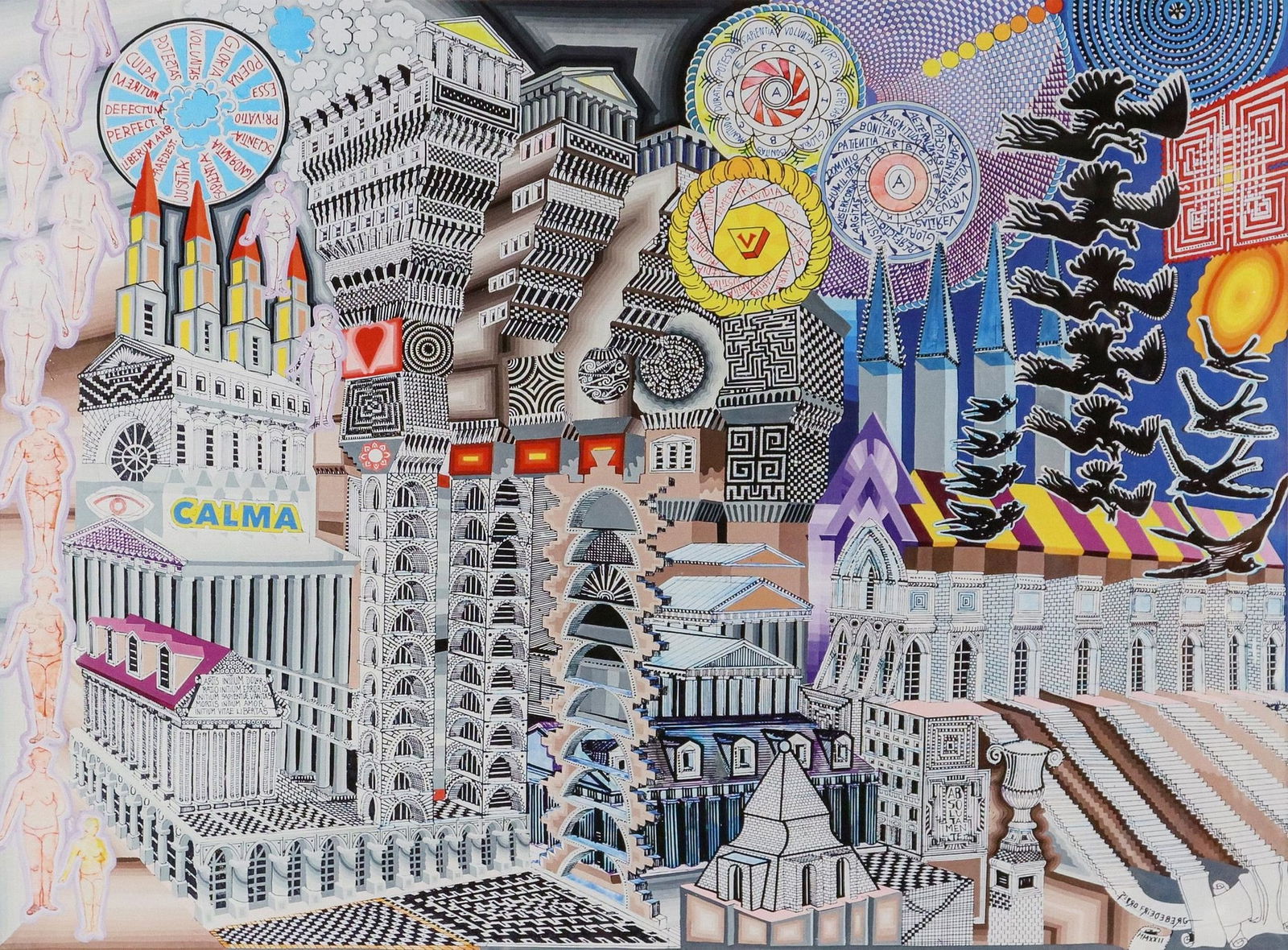 PEDRO FRIEDEBERG (MEXICO, B.1936) PRINT, 'CALMA': Framed print in colors on canvas, "Calma," pencil signed lower right Pedro Friedeberg (Mexican, b.1936), numbered XIX/ XX, sight: approx 25"h, 32"w, overall: approx 30.75"