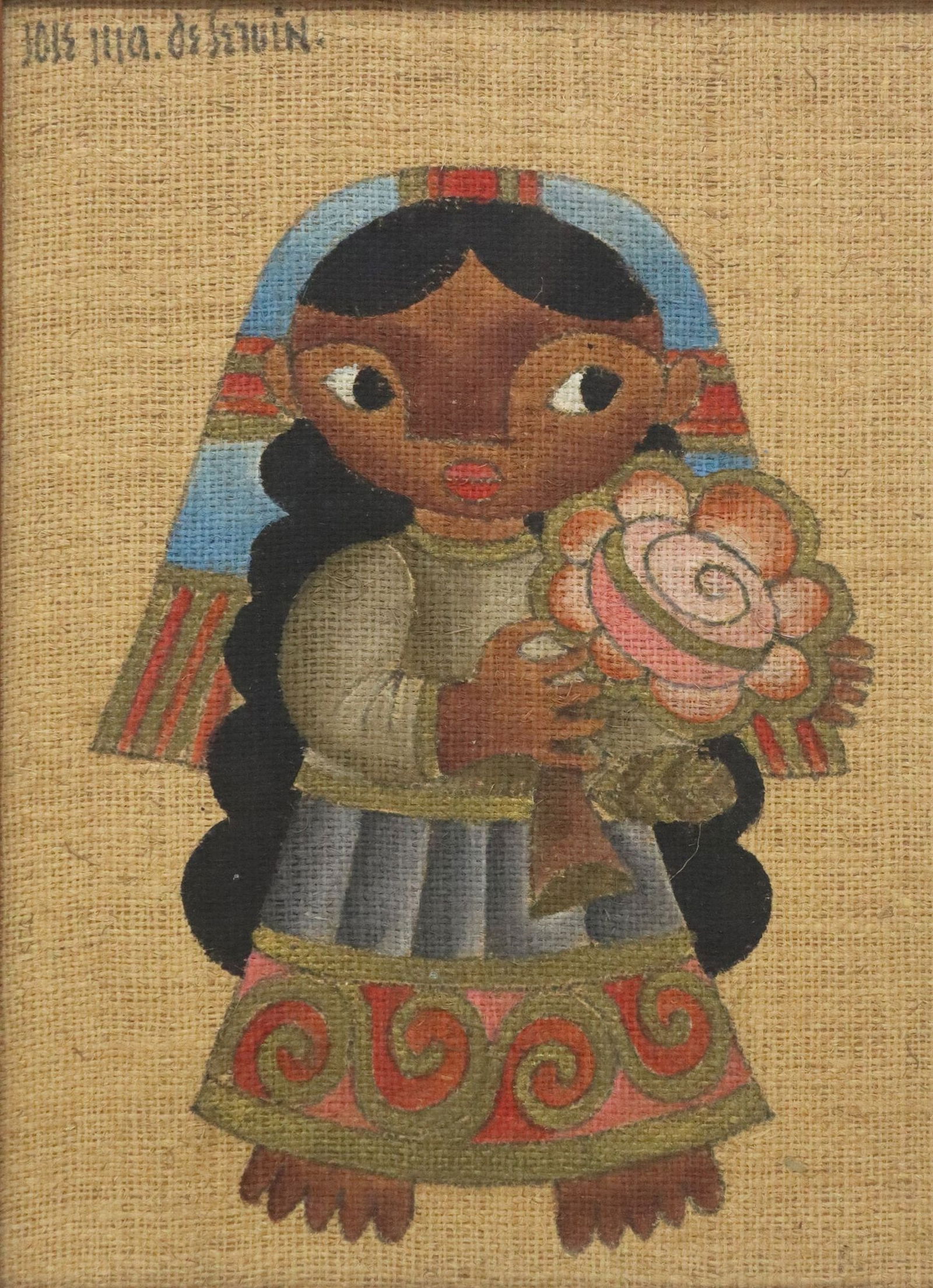 JOSE MARIA DE SERVIN (1917-1983) PAINTING GIRL WITH FLOWER: Framed oil painting on burlap, Girl with Flower, signed upper left Jose Ma. de Servin (Jose Maria de Servin, 1917-1983), label verso for Casa Lautrec, Marcos, sight: approx 23.75"h, 17.5&quo