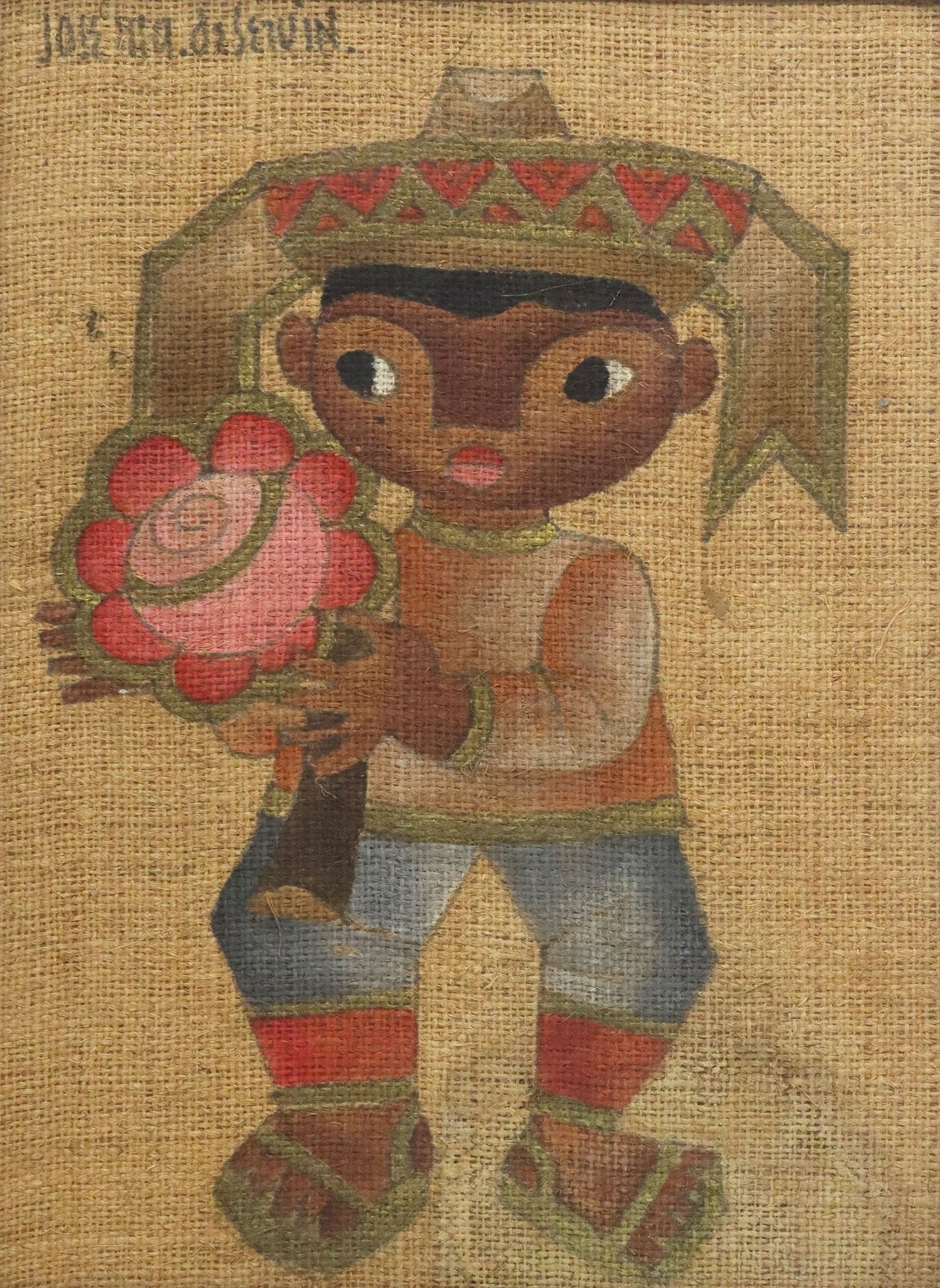 JOSE MARIA DE SERVIN (1917-1983) PAINTING BOY WITH FLOWER: Framed oil painting on burlap, Boy with Flower, signed upper left Jose Ma. de Servin (Jose Maria de Servin, 1917-1983), slight staining to bottom right corner, sight: approx 23.75"h, 17.5"w,