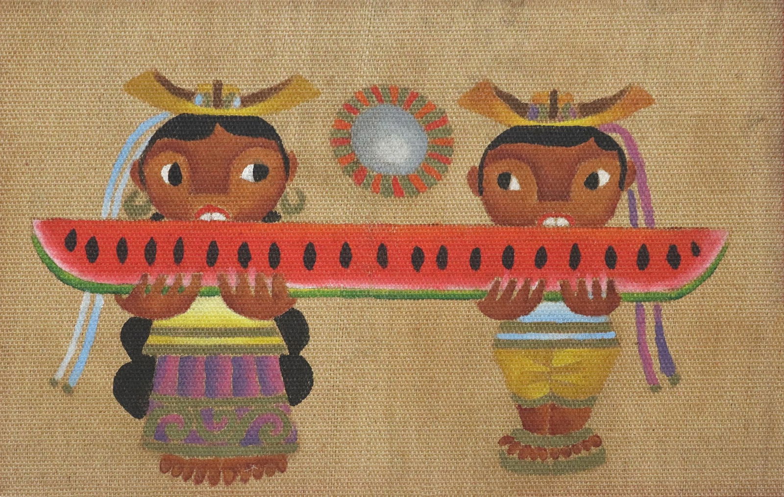 JOSE MARIA DE SERVIN (1917-1938) FOLK ART PAINTING ON BURLAP, CHILDREN & WATERMELON: Framed oil painting on burlap, Children Eating Watermelon, attributed to Jose Maria de Servin (Mexico, 1917-1983), unsigned, slight staining to top right, sight: approx 25 3/8"h, 38 1/8