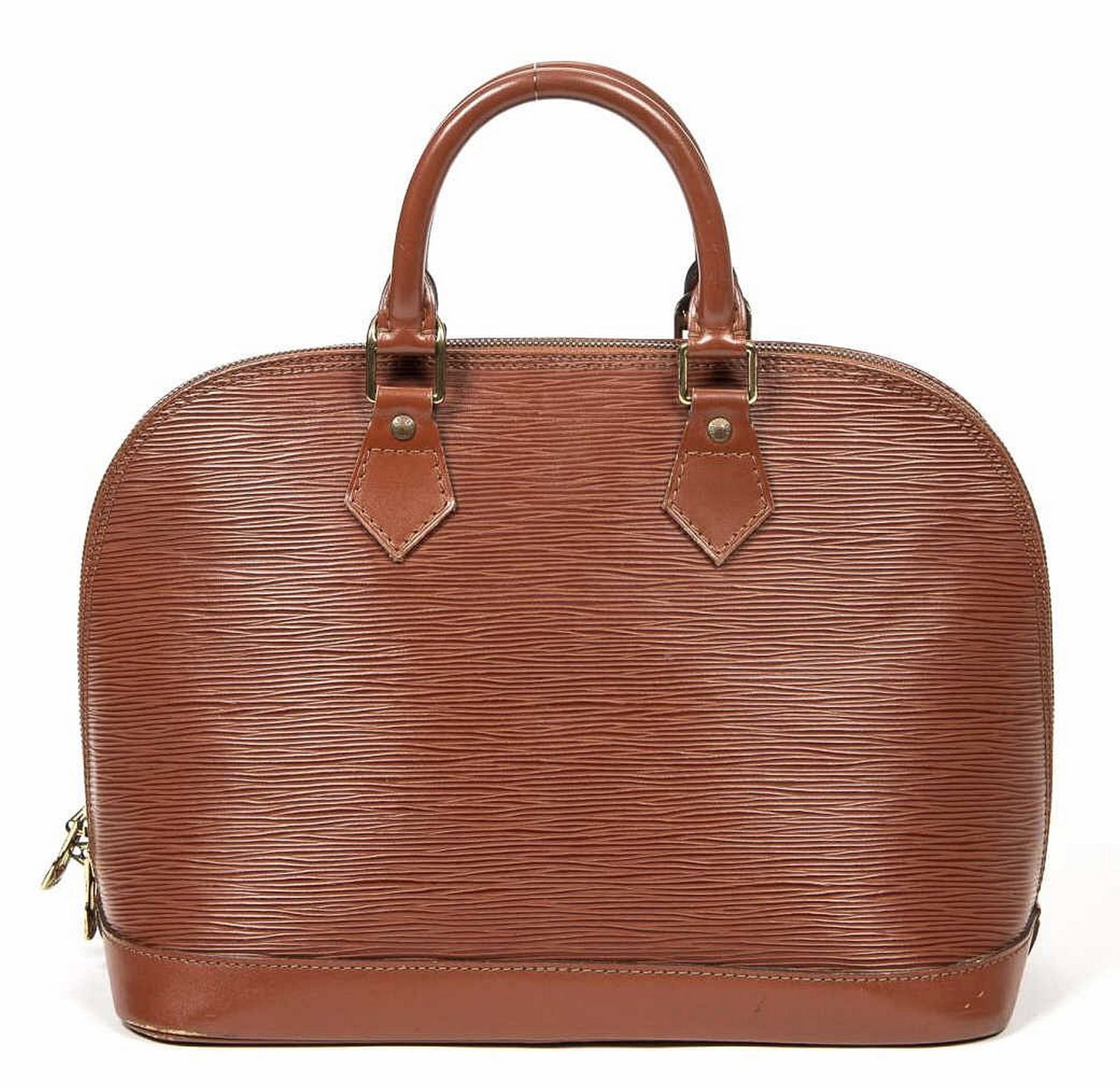 LOUIS VUITTON 'ALMA PM' BROWN EPI LEATHER HANDBAG: Louis Vuitton "Alma PM" handbag, in brown Epi leather, with gold-tone metal hardware, dual rolled handles, embossed logo embellishment at front face, top zip closure revealing tan 
