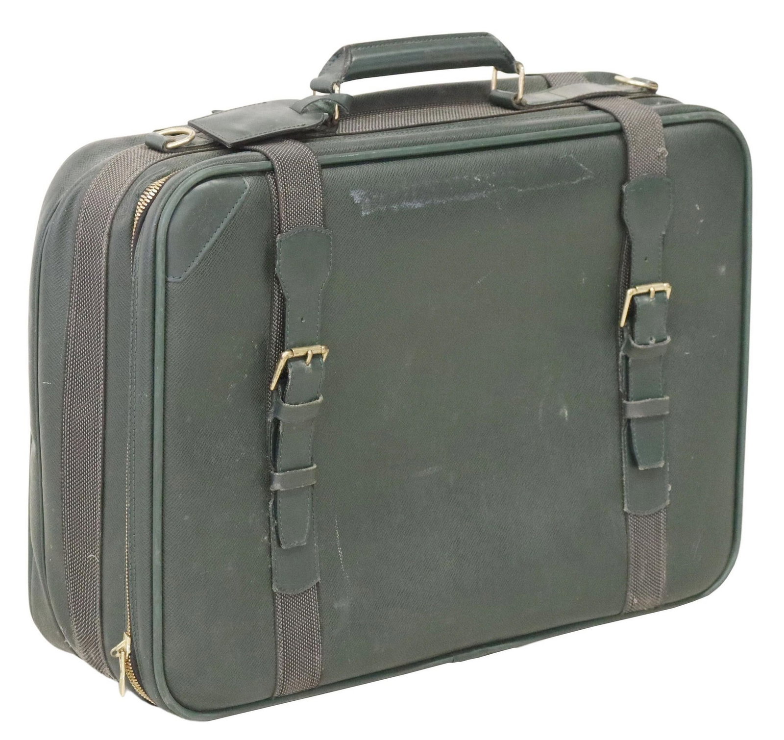 LOUIS VUITTON 'SATELLITE 53' GREEN TAIGA LEATHER SUITCASE: Louis Vuitton "Satellite 53" travel bag, in green Taiga leather, with gold-tone hardware, green leather trim, rolled top handle, single exterior slip pocket, dual front buckle closures and t