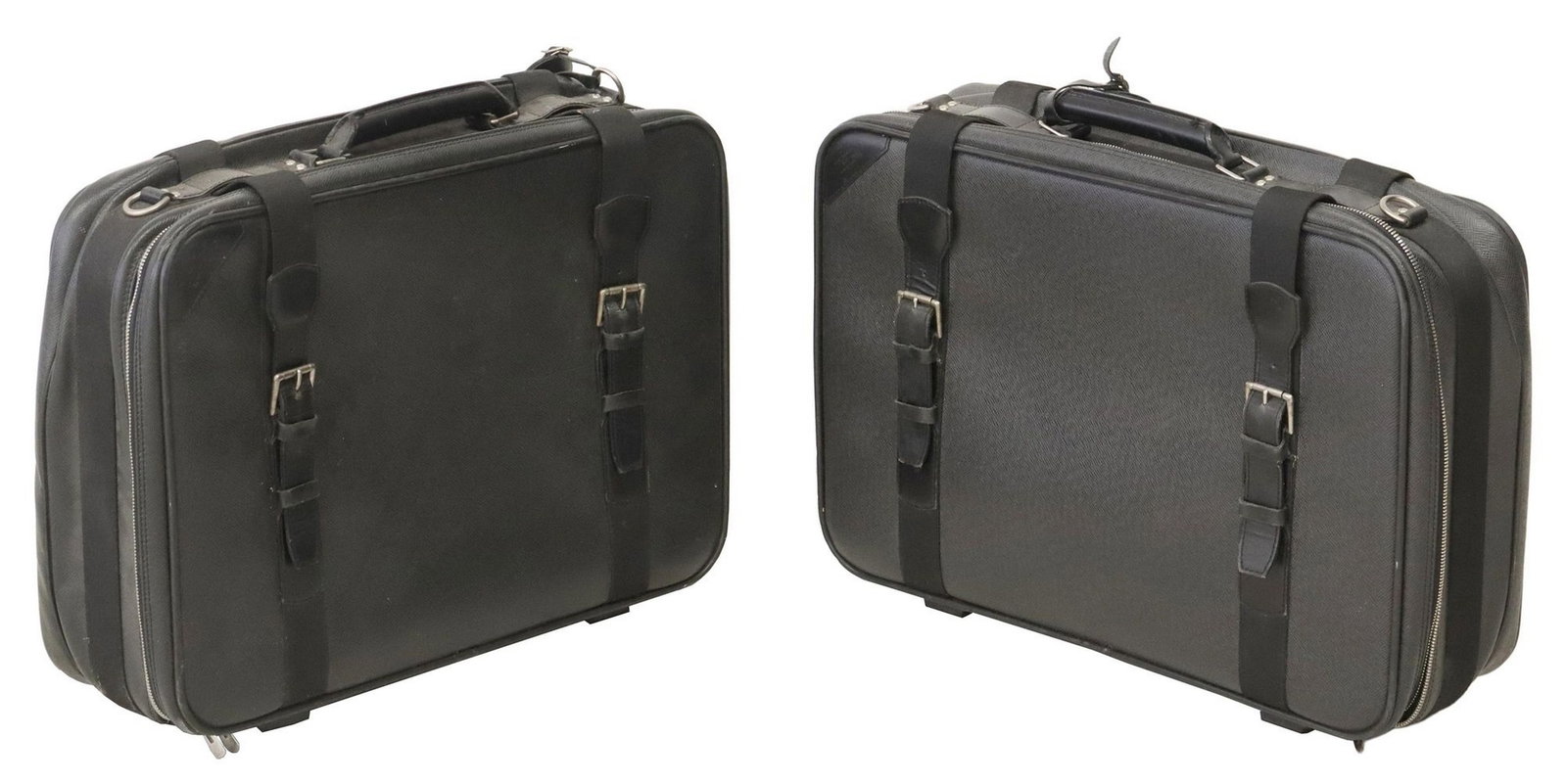 (2) LOUIS VUITTON 'SATELLITE 53' BLACK TAIGA LEATHER SUITCASES: (pair) Louis Vuitton "Satellite 53" travel bags, in black Taiga leather, with silver-tone metal hardware, black leather trim, rolled top handle, single exterior slip pocket, dual front buckl