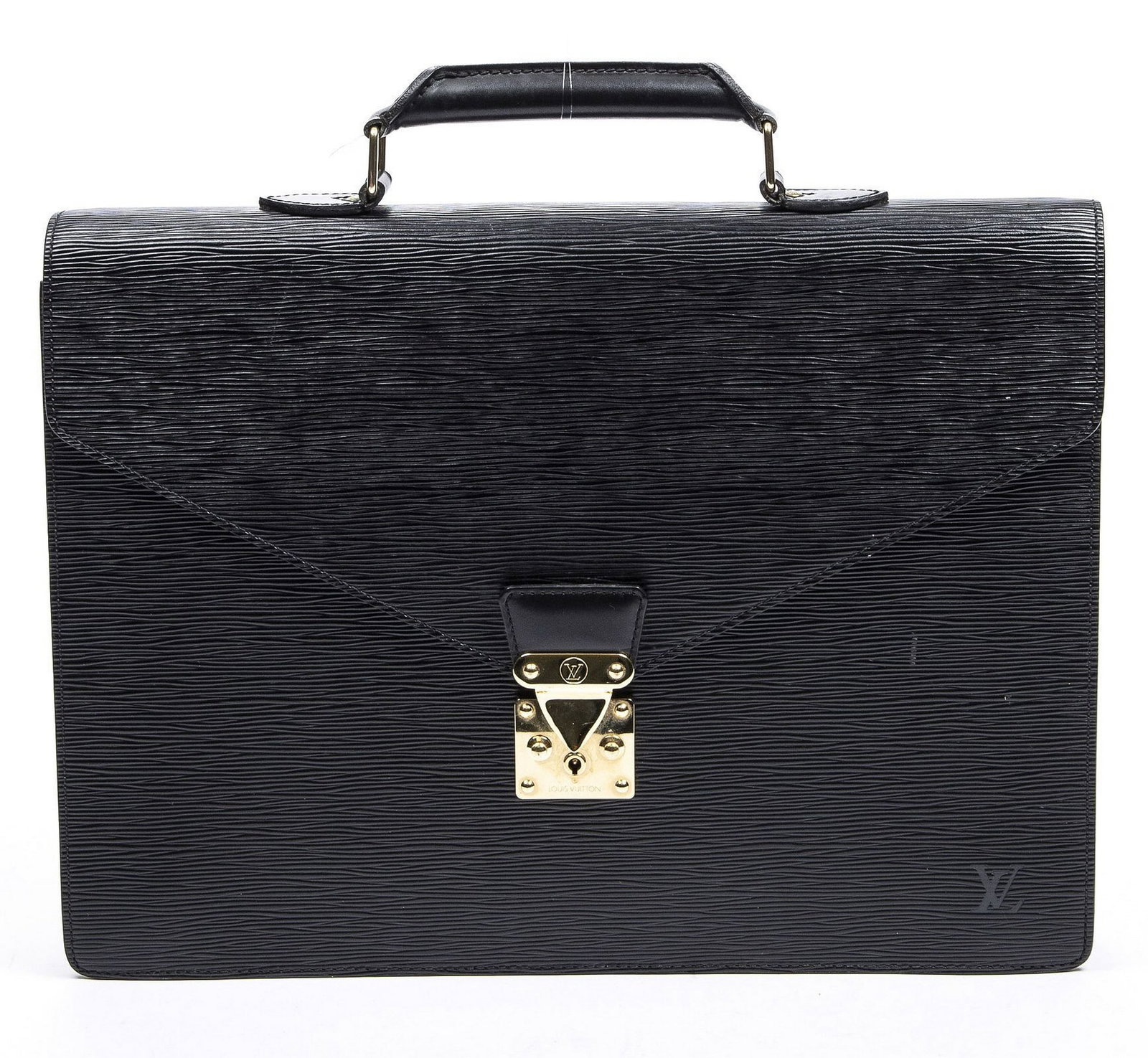 LOUIS VUITTON 'SERVIETTE AMBASSADEUR' BLACK EPI LEATHER BRIEFCASE: Louis Vuitton "Serviette Ambassadeur" briefcase, in black Epi leather, with gold-tone hardware, rolled top handle, single exterior slip pocket, angled front flap with push-lock closure, dual