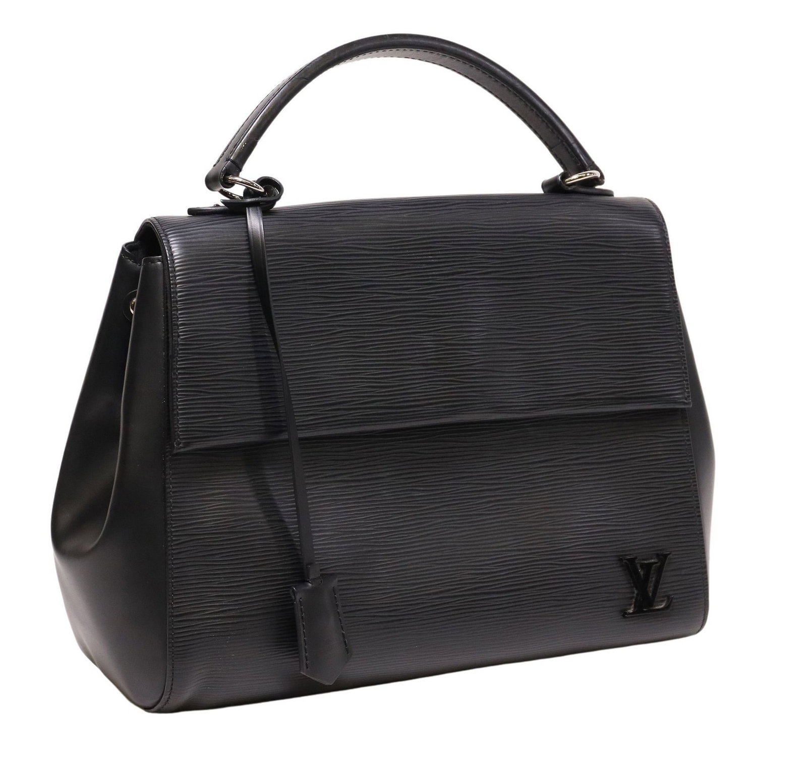 LOUIS VUITTON 'CLUNY BB' BLACK EPI LEATHER HANDBAG: Louis Vuitton 'Cluny BB' handbag, in black Epi leather, with silver-toned hardware, black acetate monogram, top flat handle, flap with snap closure, interior in black suede lining with one zip