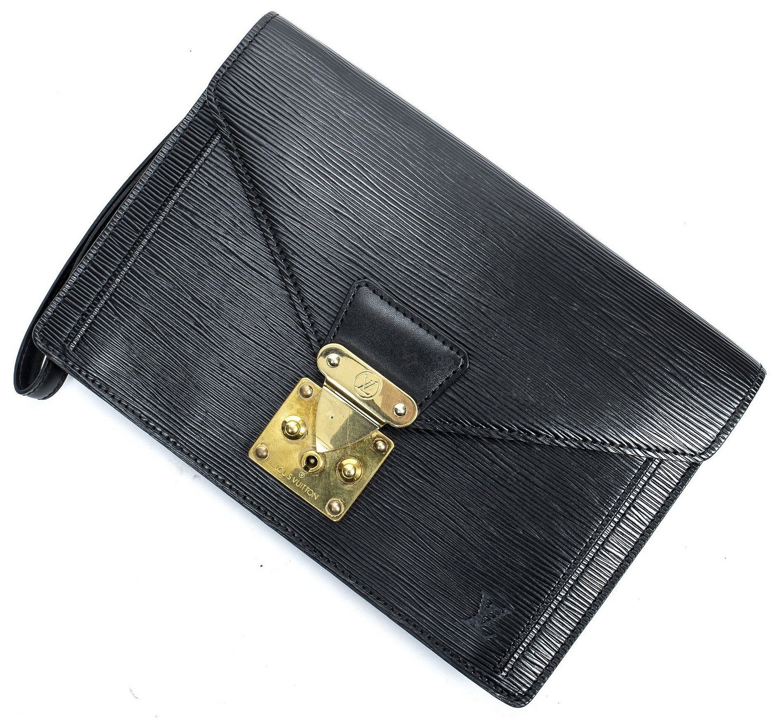 LOUIS VUITTON 'SELLIER DRAGONNE' BLACK EPI LEATHER CLUTCH BAG: Louis Vuitton "Sellier Dragonne" clutch bag, in black Epi leather, with gold-tone metal hardware, side wrist strap, front push-lock closure, leather-lined interior with single slip pocket an