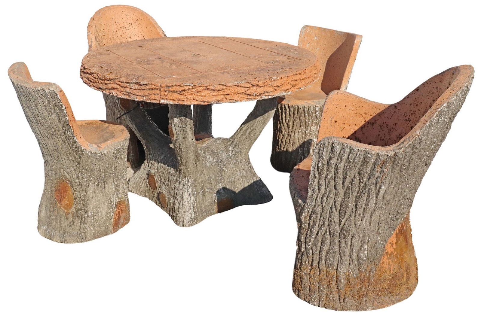 (5) FRENCH PAINTED CAST CONCRETE FAUX BOIS PATIO SET: (lot of 5) French cast concrete faux bois garden table and chairs, table top and chair interiors in a terracotta-colored painted finish, including: (1) table, table top with modeled live edge, base mo