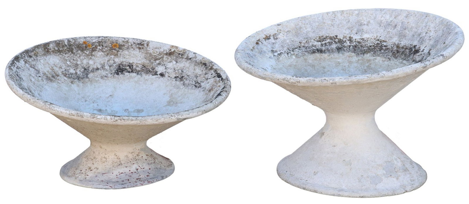 (2) MODERNIST MANNER OF WILLY GUHL OFF-KILTER PLANTERS: (lot of 2) Modernist cast composite garden planters, original design by Willy Guhl (Swiss, 1915-2004), tilted round top, over hourglass shape support, varied sizes, largest: approx 15"h, 25.5&quo