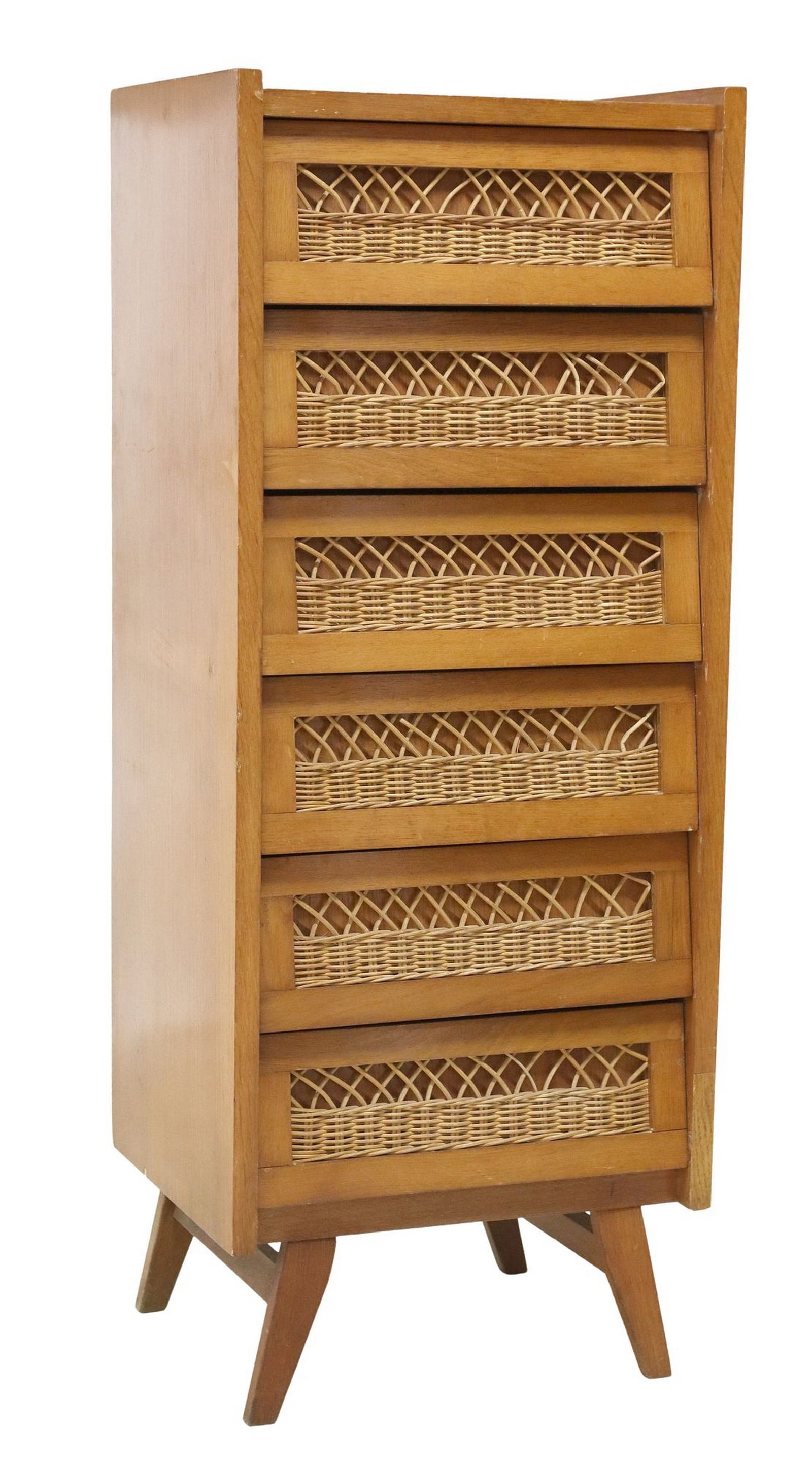 FRENCH MID-CENTURY MODERN OAK & RATTAN TALL CHEST OF DRAWERS: French mid-century modern oak tall chest/ dresser, c.1960s, six drawers with woven rattan accents, on tapering angled legs, approx 50"h, 19.75"w, 16.5"d