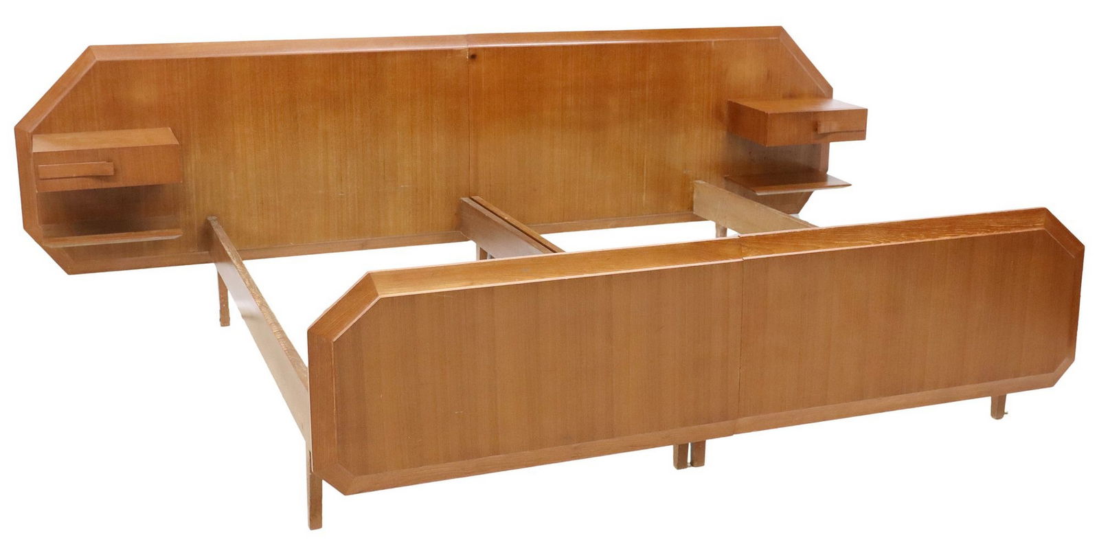 ITALIAN MID-CENTURY MODERN TEAK BED WITH JOINED NIGHTSTANDS: Italian mid-century modern teak bed with joined nightstands, c.1960s, having octagonal headboard and baseboard, with two integral nightstands, each comprised of single drawer and open shelf, straight