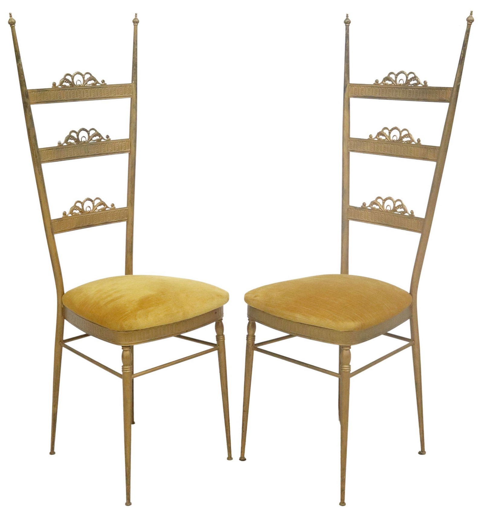 (2) ITALIAN CHIAVARI STYLE MID-CENTURY MODERN UPHOLSTERED HALL CHAIRS: (pair) Italian Chiavari style mid-century modern metal side chairs, c.1960s, in a gilt painted finish, having tapered ladderback with cast foliate motifs, above padded seat in mustard fabric upholster