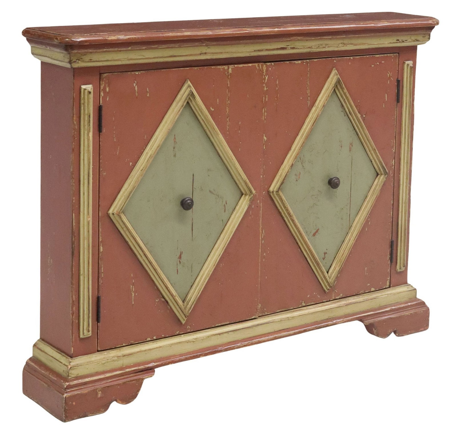 WOODLAND FURNITURE PAINT-DECORATED NARROW CONSOLE CABINET: Paint-decorated console cabinet, Woodland Furniture, Idaho Fall, Idaho, 21st c., two cabinet doors with molded diamond-shaped panels, narrow interior shelf, on bracket feet, approx 36.25"h, 48&qu