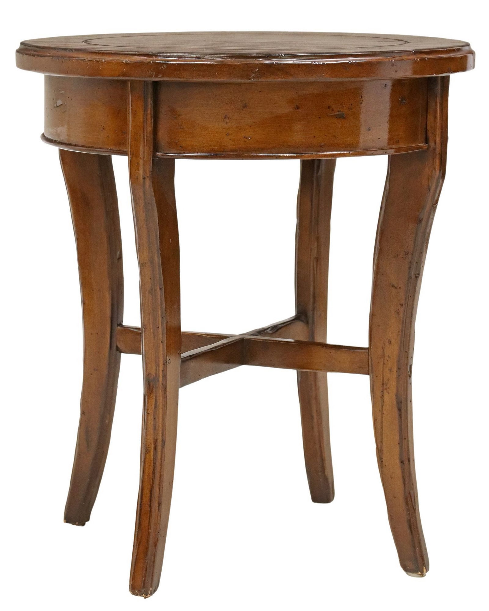 WOODLAND FURNITURE 'ERBACH' ROUND SIDE TABLE: "Erbach" side table, Woodland Furniture, Idaho Falls, Idaho, 21st c., round tabletop, curved legs joined by x-form cross stretcher, approx 27.5"h, 24"diam **Provenance: A