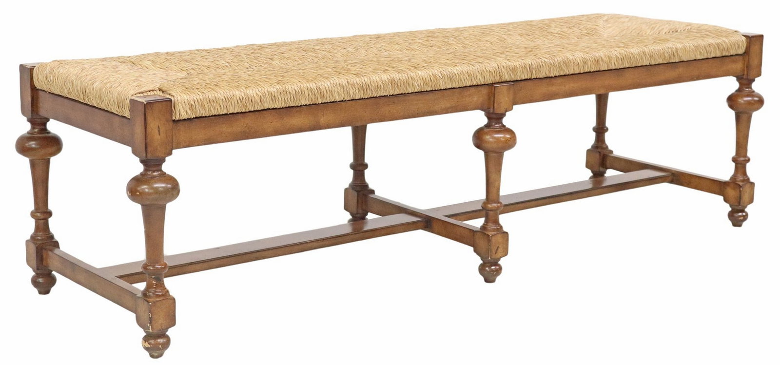 POTTERY BARN 'COMO' PROVINCIAL-STYLE RUSH-SEAT BENCH: Provincial-style bench, Pottery Barn, 21st c., rush seat, on six turned legs joined by stretchers, abrasions to corners of frame, approx 19"h, 64"l, 20"w **Provenance: A luxury hom