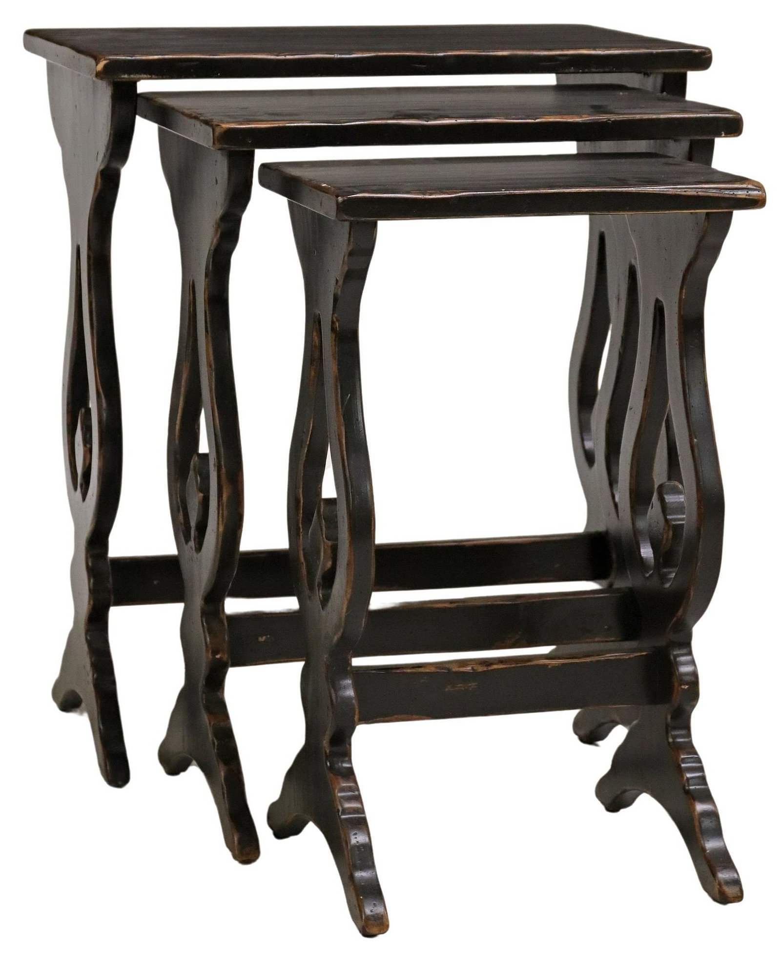 (3) WOODLAND FURNITURE BLACK-PAINTED NESTING TABLES: (lot of 3) Decorative nesting tables, Woodland Furniture, Idaho Falls, Idaho, 21st c., distressed black-painted finish, lyre-form sides, largest: approx 26.25"h, 22.5"w, 14"d,