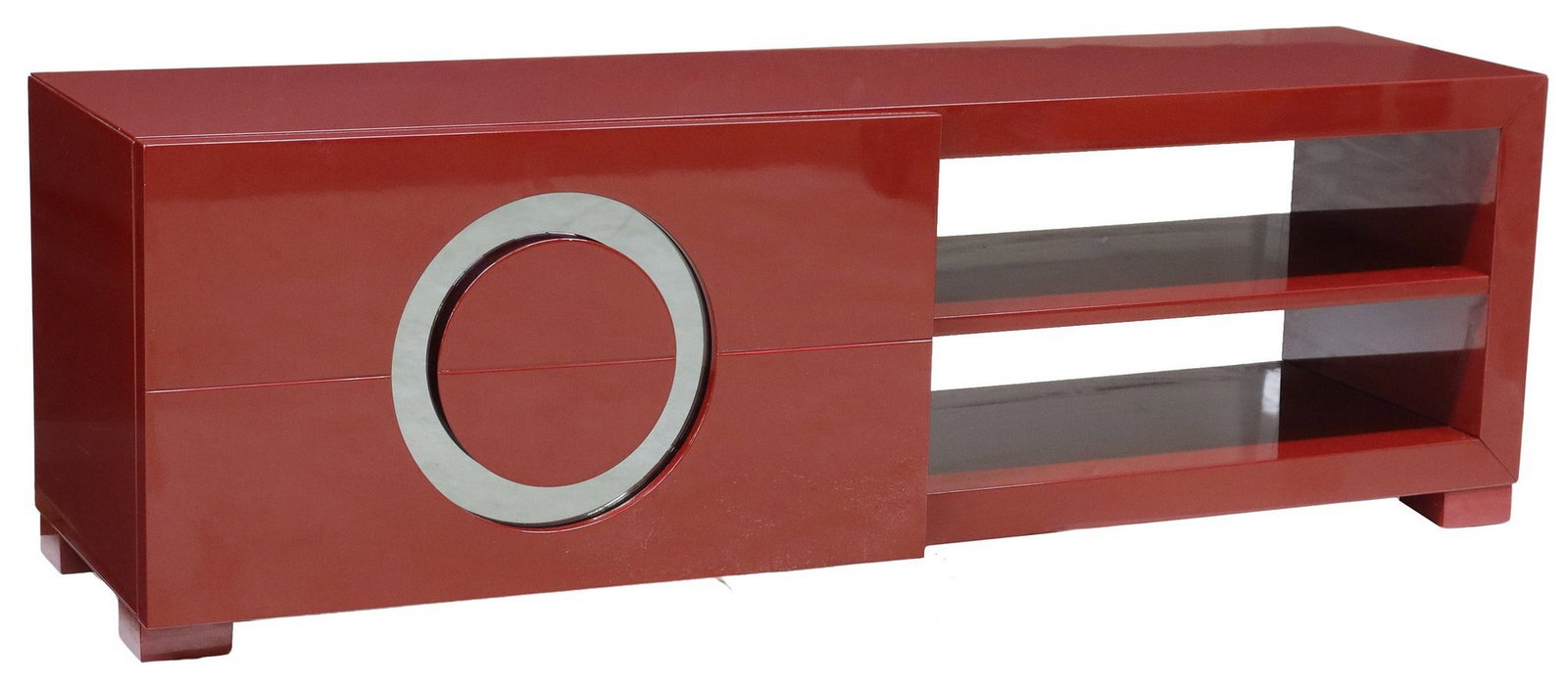 ITALIAN MODERN RED LACQUERED LOW SIDEBOARD: Italian modern red lacquered low sideboard, 20th c., having rectangular top, over drop-front panel on one side, two shelves, ending on block feet, approx 18"h, 55 1/8"w, 16"d