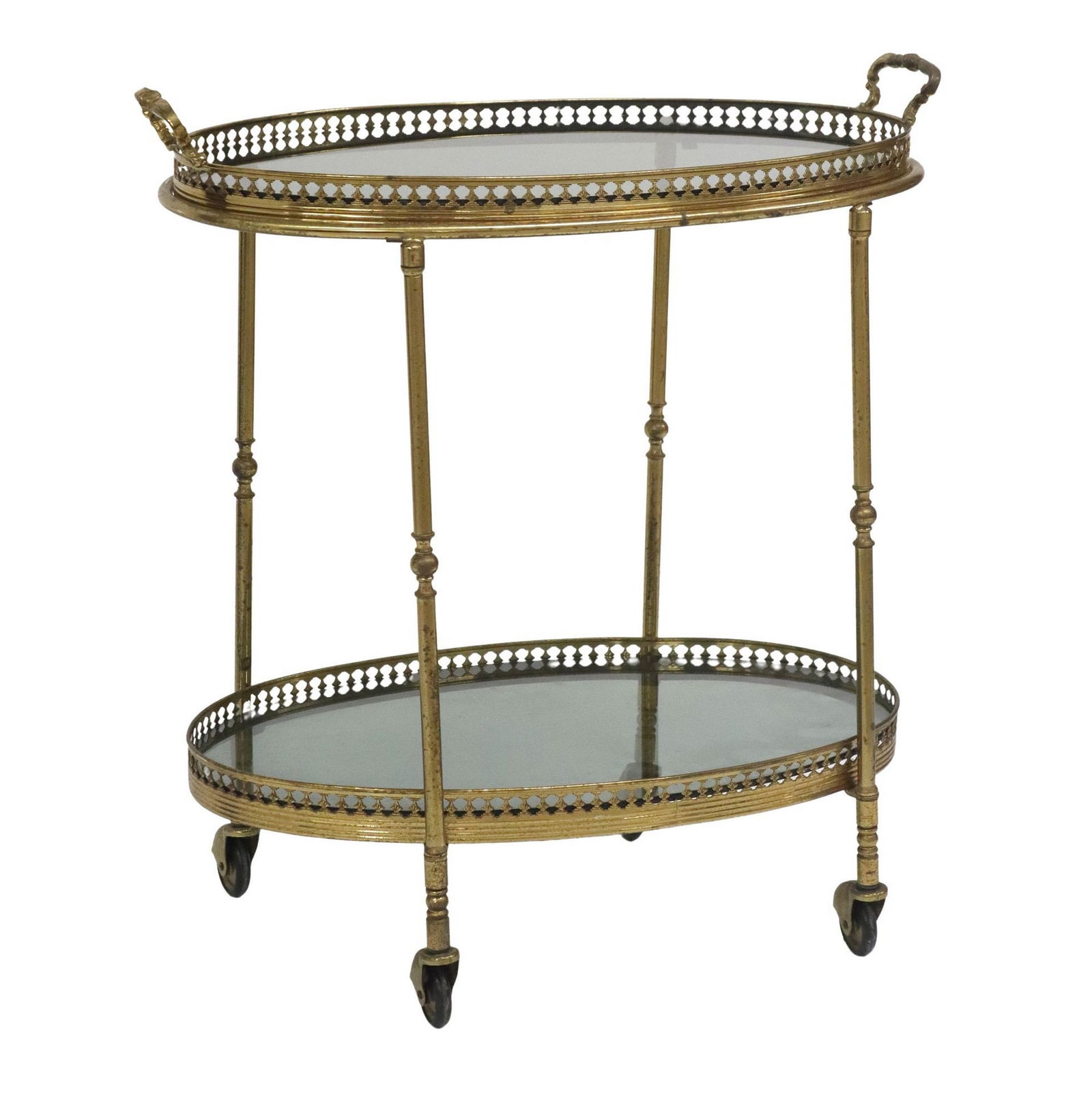 PETITE FRENCH GILT METAL & SMOKED GLASS SERVICE TROLLEY: French gilt metal service cart, 20th c., having two ovular tiers of smoked glass, top tier with loose handled tray, over lower tier with pierced gallery, rising on casters, approx 23.25"h, 2