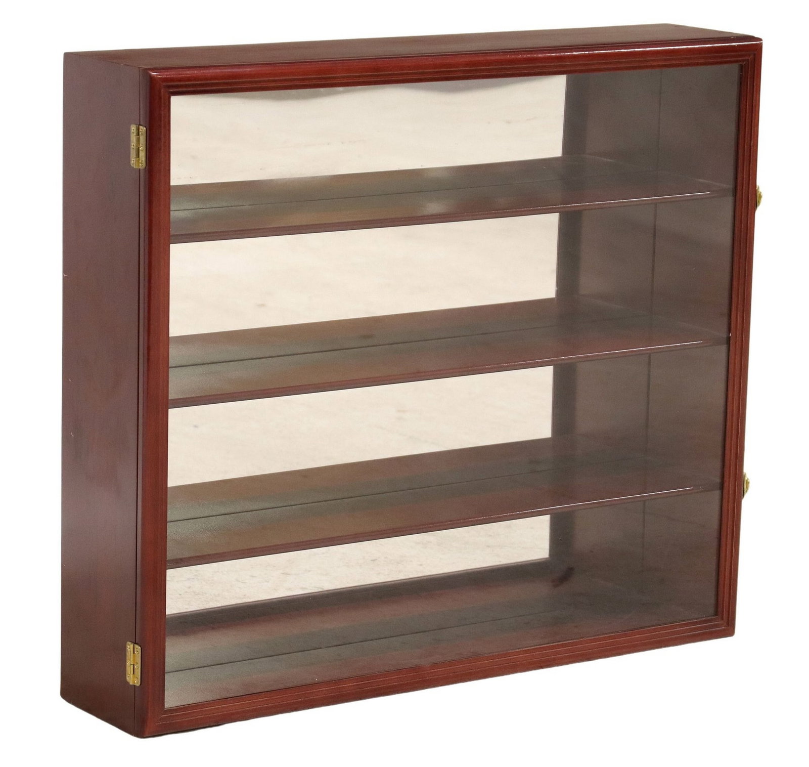MIRROR BACKED WALL-MOUNTED WOOD DISPLAY / CURIO CABINET: Wall-mounted display / curio cabinet, 21st c., rectangular case with single glazed cabinet door, revealing four open shelves and mirrored back panel, approx 24"h, 27.5"w, 6.25"d **
