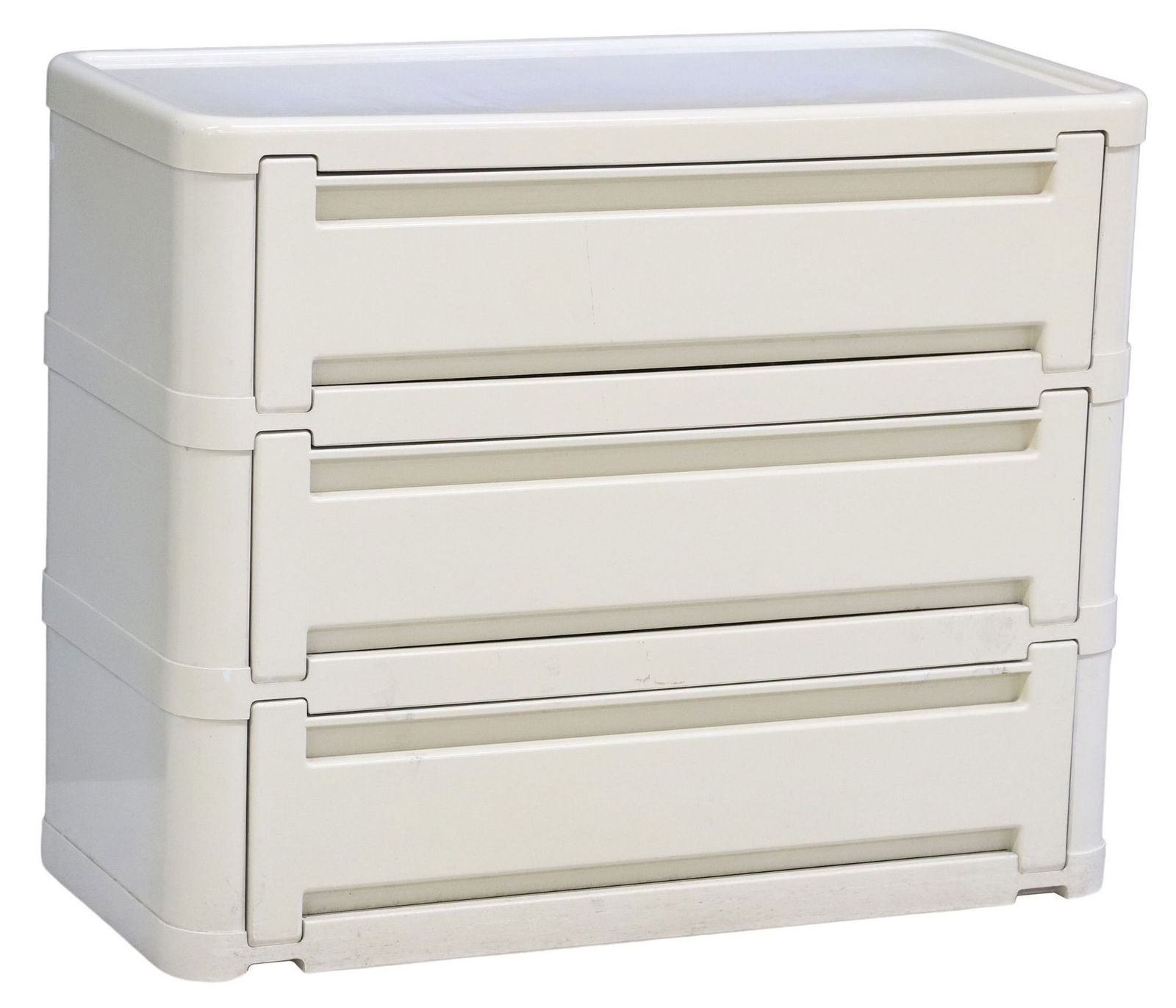 OLAF VON BOHR (B.1927) FOR KARTELL PLASTIC MODULAR CHEST OF DRAWERS: Italian modern plastic cabinet/ chest of drawers, Olaf von Bohr (Austrian, b.1927) for Kartell, c.1970s, three modular units with fall-front doors, discoloration to plastic, approx 23.25"h, 28.5&