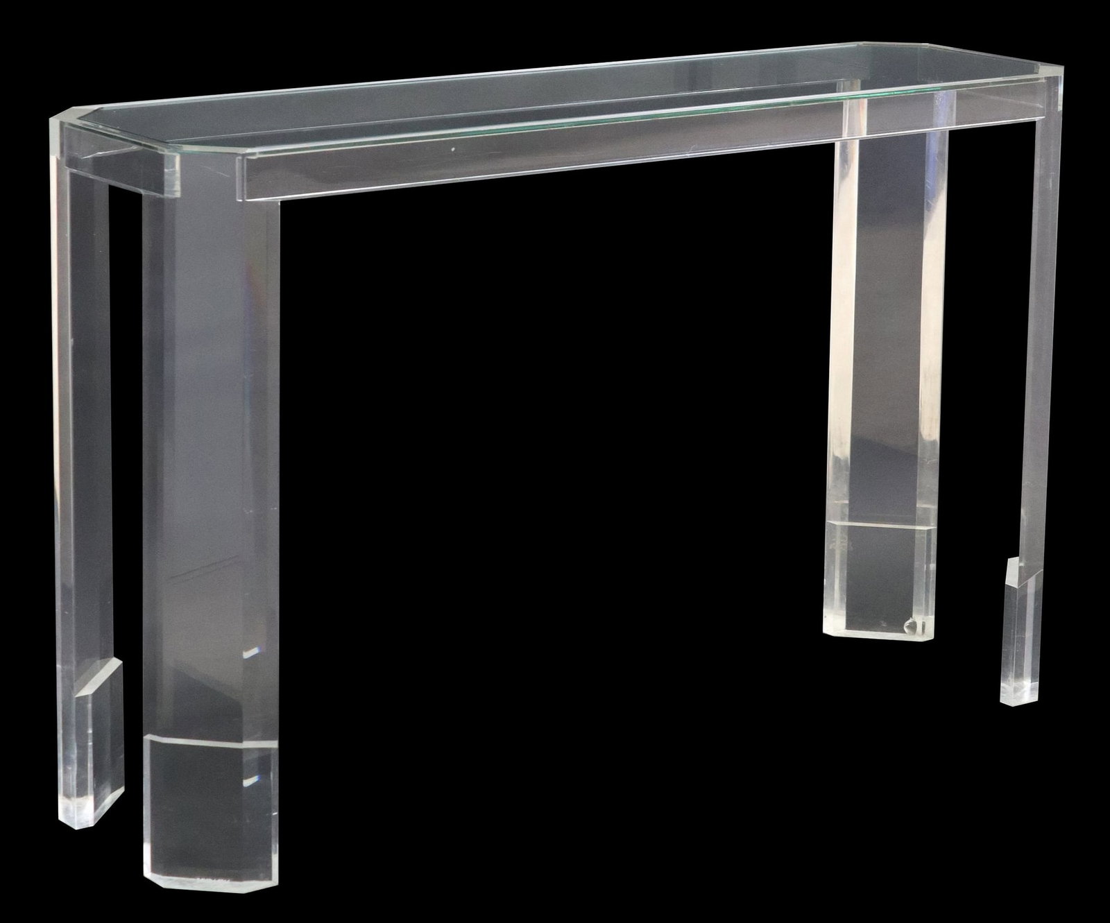 DAVID LANGE GLASS-TOP ACRYLIC CONSOLE TABLE: Modern acrylic console table, David Lange, 20th c., having inset glass top, over angled supports, approx 29.5"h, 47 3/8"w, 13 7/8"d