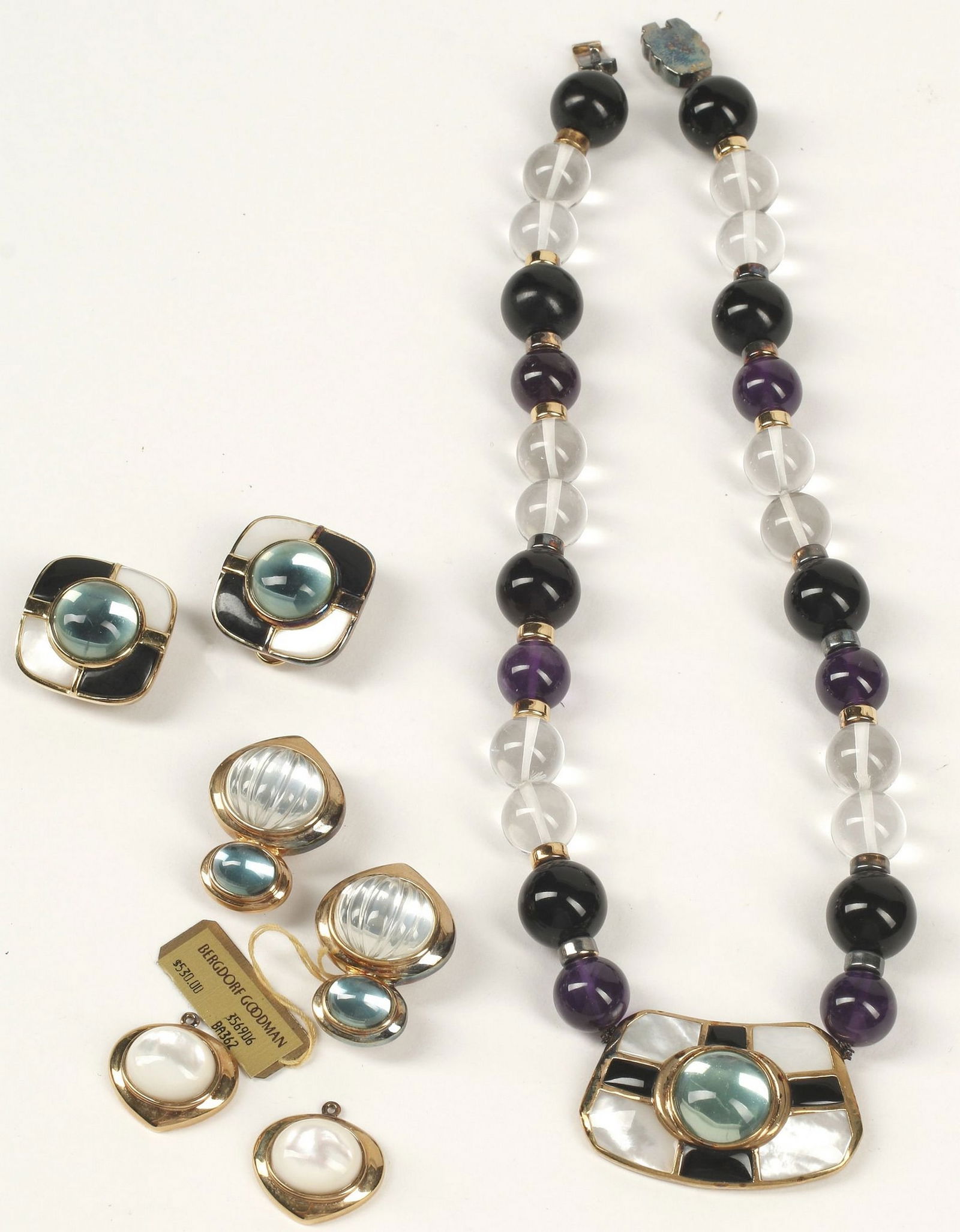 (3) ESTATE DESIGNER KAI-YIN LO VERMEIL STERLING & MULTI-STONE JEWELRY SET: (lot of 3) Estate designer gilt sterling silver (vermeil) jewelry, Kai-Yin Lo, each accented with mother-of-pearl and green hardstone cabochons, hallmarked 925 with maker's mark to reverse, includ