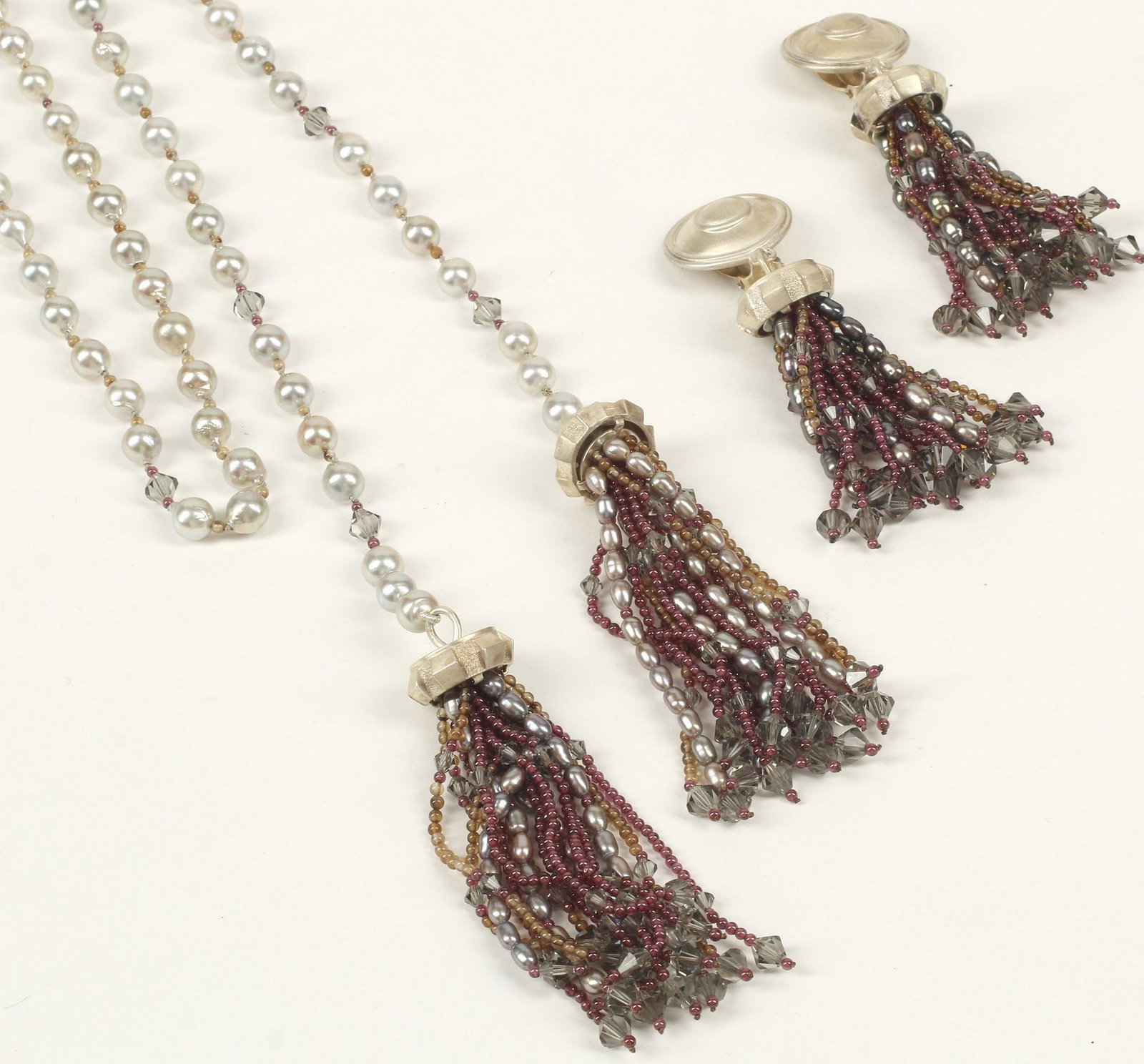 (2) ESTATE MIGNON FAGET STERLING SILVER & CULTURED PEARL JEWELRY SUITE: (lot of 2) Estate Mignon Faget sterling silver jewelry suite, with tassel ends comprised of beaded strands of cultured pearls and crystal beads, including: (1) lariat necklace, wire strung w