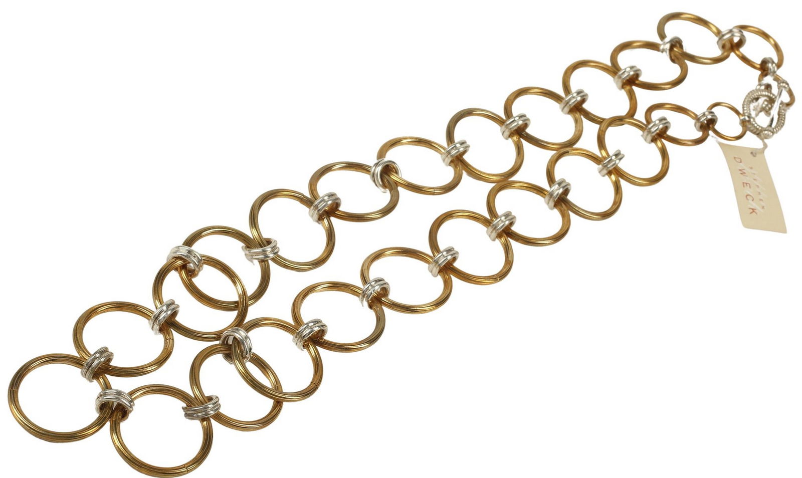 ESTATE STEPHEN DWECK BRONZE & STERLING SILVER CIRCLE CHAIN LINK NECKLACE: Estate designer statement necklace, Stephen Dweck, c.2005, ribbed bronze chain joined by sterling silver links, toggle clasp, hallmarked sterling and signed at clasp, approx 37.5"