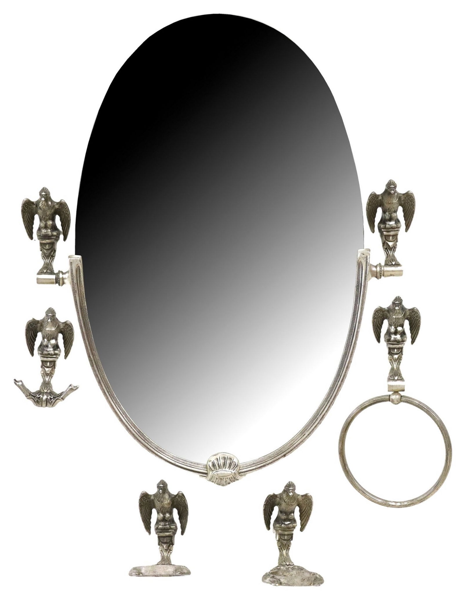 (5) ITALIAN SILVER-TONE METAL EAGLE BATHROOM SET: MIRROR & WALL MOUNTS: (lot of 5) Italian silver-tone metal bathroom set, early 20th c., each having eagle motif perched on capital, including: (1) framed ovular wall mirror, some silver loss along outer edge, approx 28 1/8