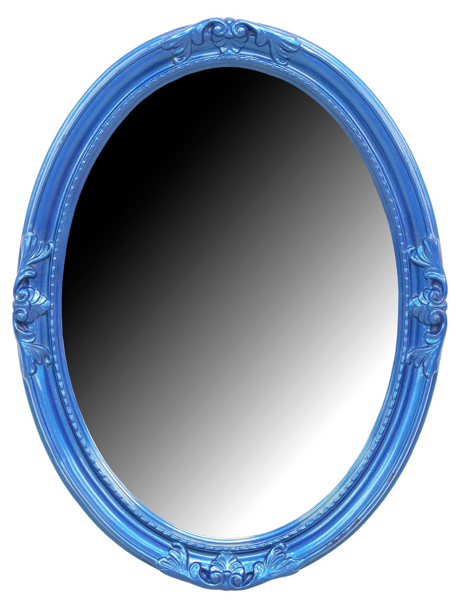 ITALIAN BLUE PAINT-DECORATED WALL MIRROR: Italian paint-decorated mirror, 20th c., in blue paint, having scrolled foliate oval frame, encasing beveled mirror plate, approx 24 7/8"h, 32 3/8"w, 15lbs