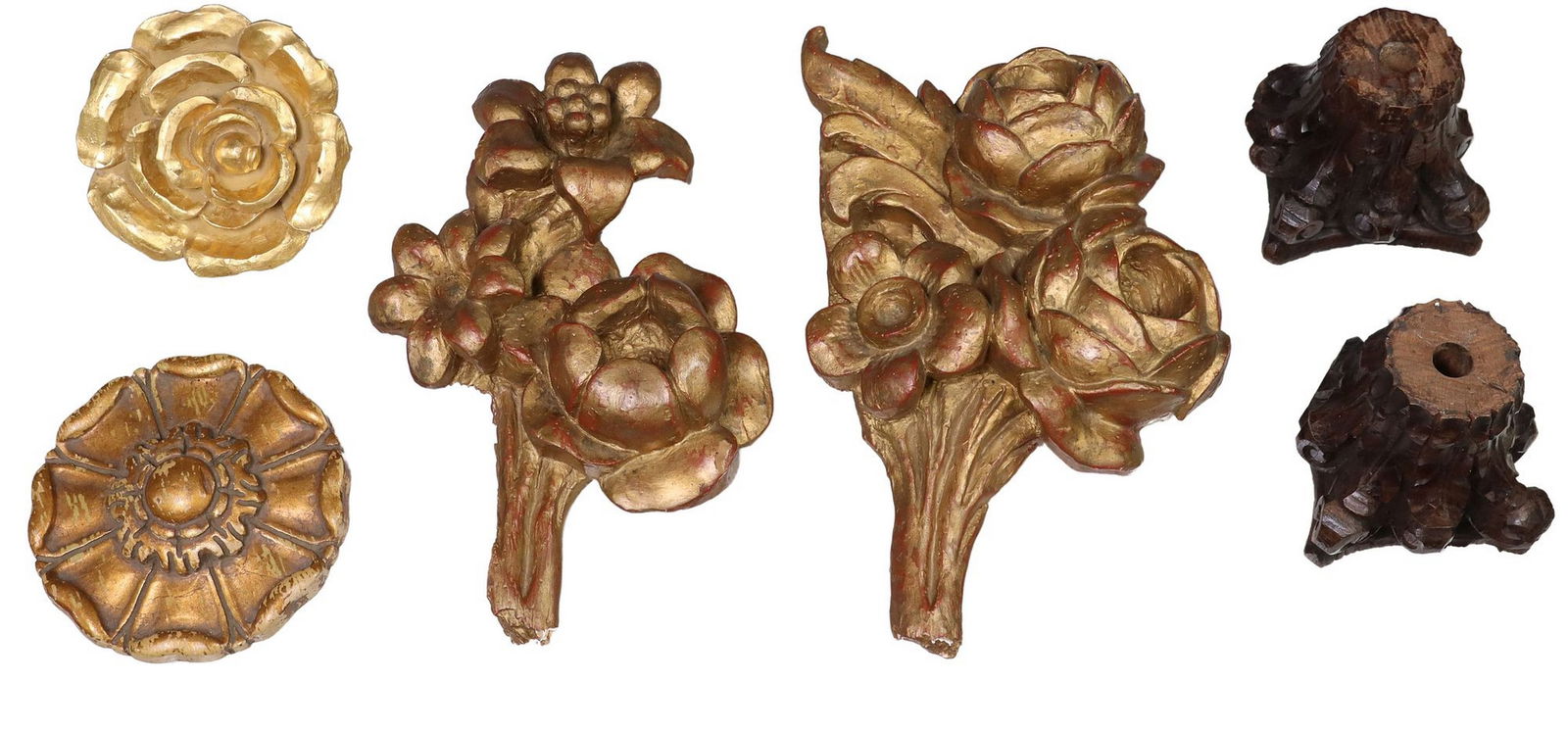 (6) ARCHITECTURAL CORINTHIAN CAPITALS & GILTWOOD FLORAL ELEMENTS: (lot of 6) Architectural elements, including: (2) carved Corinthian capitals, losses to carving, approx 4.25"h, 4.5"w, 4.5"d, (2) giltwood floral bouquets, largest: approx 13.75&qu