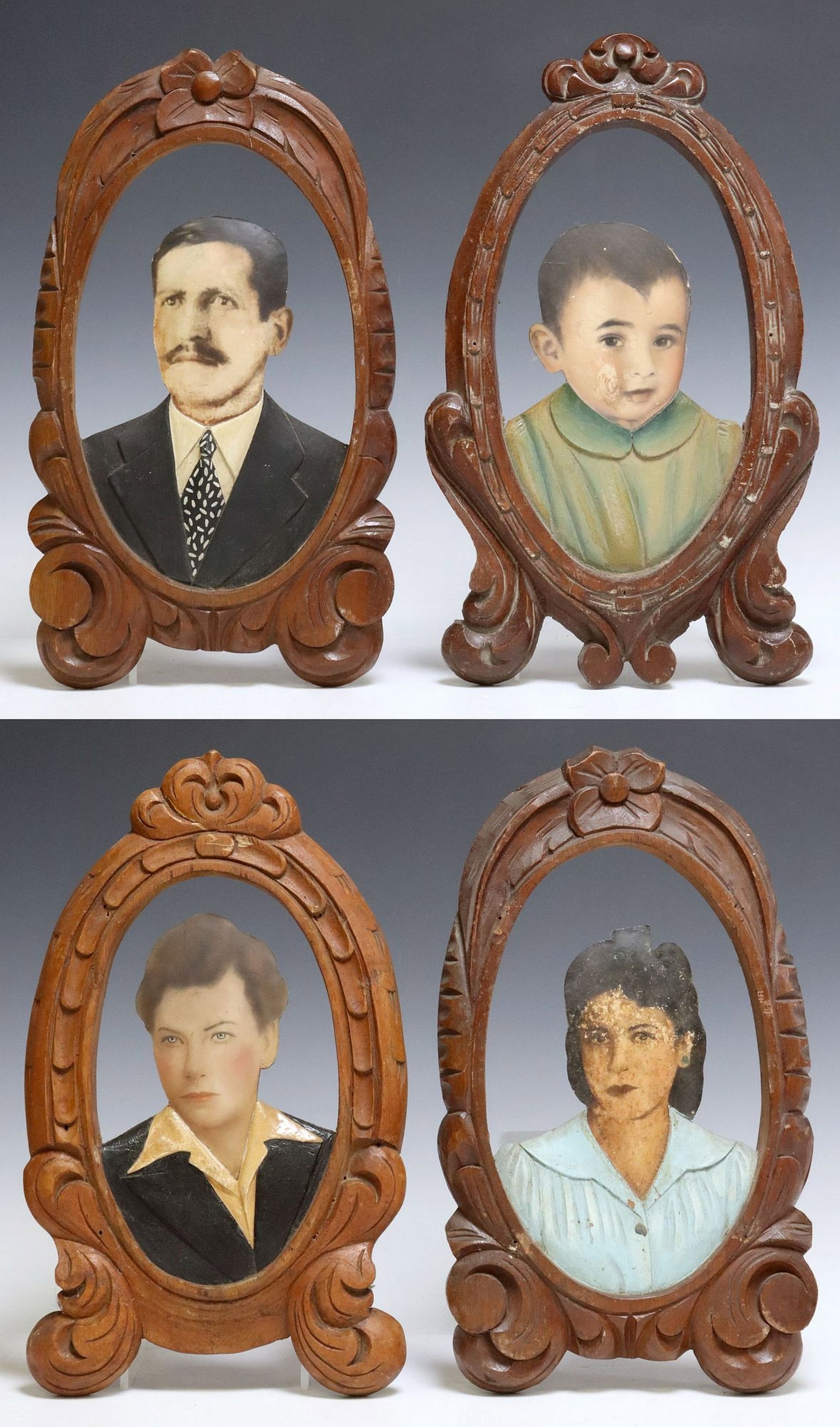 (4) FOLK ART FOTOESCULTURA PORTRAITS, MEXICO: (lot of 4) Framed fotoescultura/ photo-sculptures, Mexico, 20th c., portrait photograph trimmed and adhered to carved frame, each with no glass pane or integral stand, including: (1) portrait of man w