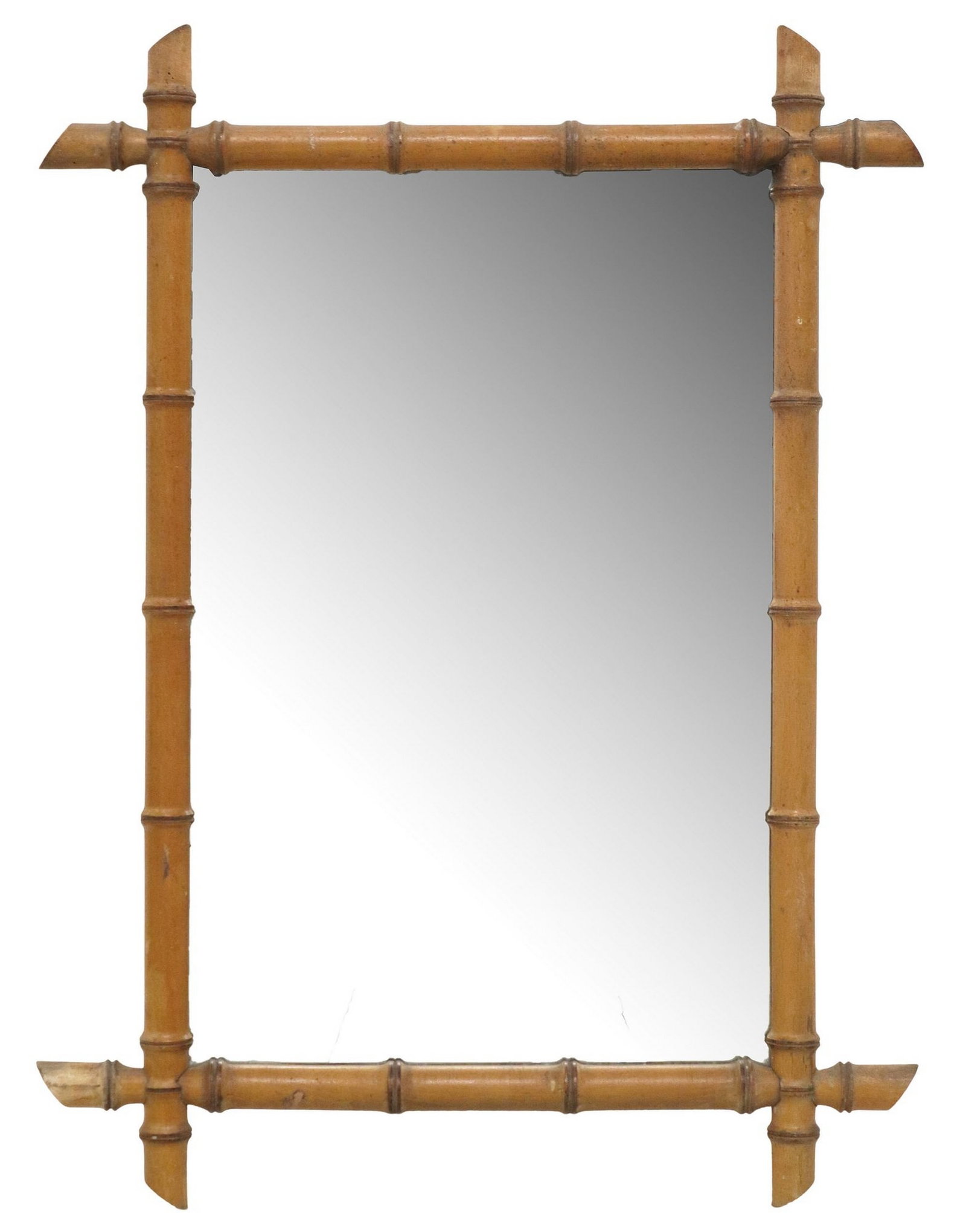 FRENCH TURNED WOOD FAUX BAMBOO WALL MIRROR: French faux bamboo wall mirror, early 20th c., having turned wood frame, encasing flat mirror plate, some minor silver loss to mirror plate, approx 30.5"h, 22.5"w, 13lbs