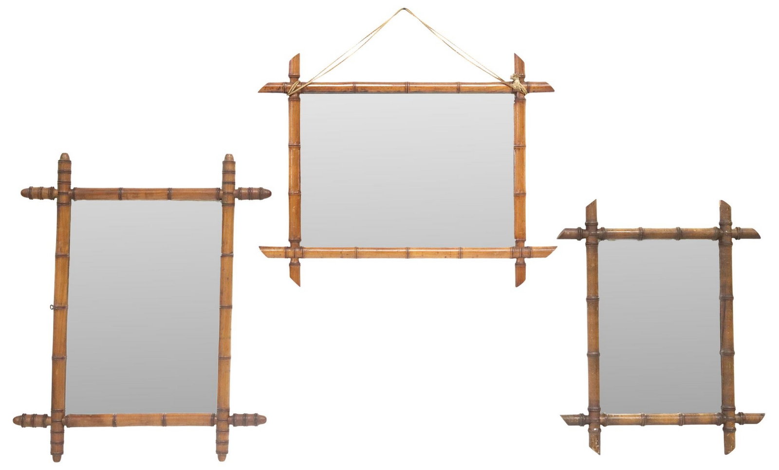 (3) FRENCH TURNED WOOD FAUX BAMBOO WALL MIRRORS: (lot of 3) French faux bamboo wall mirrors, early 20th c., each having turned wood frame, encasing flat mirror plate, some minor silver loss to mirror plates, largest: approx 30"h, 24"w, sma