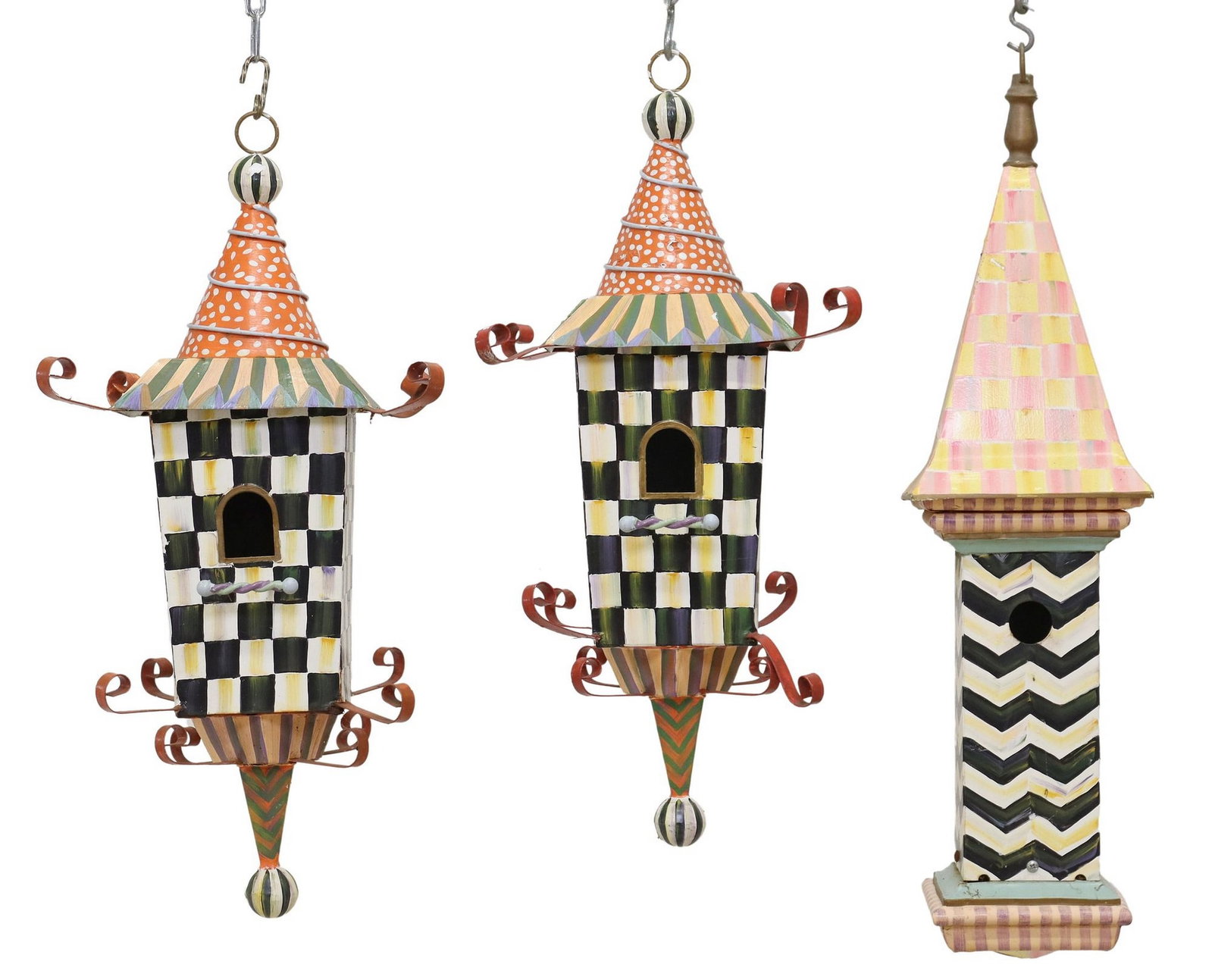 (3) MACKENZIE-CHILDS 'PAGODA' HAND-PAINTED METAL BIRDHOUSES: (lot of 3) Mackenzie-Childs painted iron birdhouses, 21st c., each with hand-painted Courtly Check checkerboard designs, stripes, and polka dots, maker's plaque at side, including: (2) "