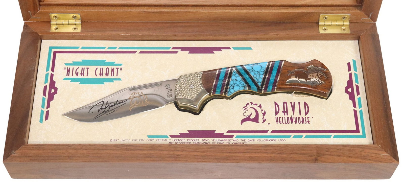 DAVID YELLOWHORSE NAVAJO CUSTOM "NIGHT CHANT" KNIFE: David Yellowhorse Custom "Night Chant" Single Blade Folding Knife, #112 of 600 with COA, the 3.75"l, blade at left side with the Yellowhorse signature, a gilt inlaid horse head, the ser