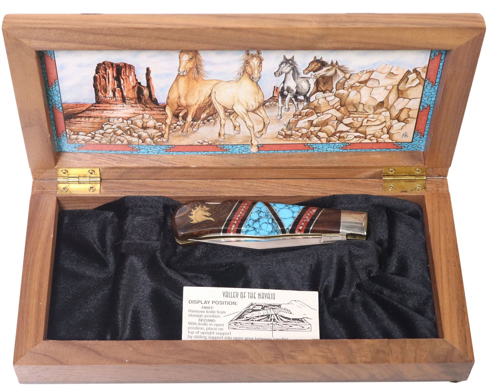DAVID YELLOWHORSE NAVAJO CUSTOM KNIFE, "VALLEY OF THE NAVAJO": David Yellowhorse, Navajo, Custom Folding Single Blade Knife, "Valley of the Navajo", a certificate states this is number 515 of 600, the 3.5/8" blade signed by Yellowhorse and ins